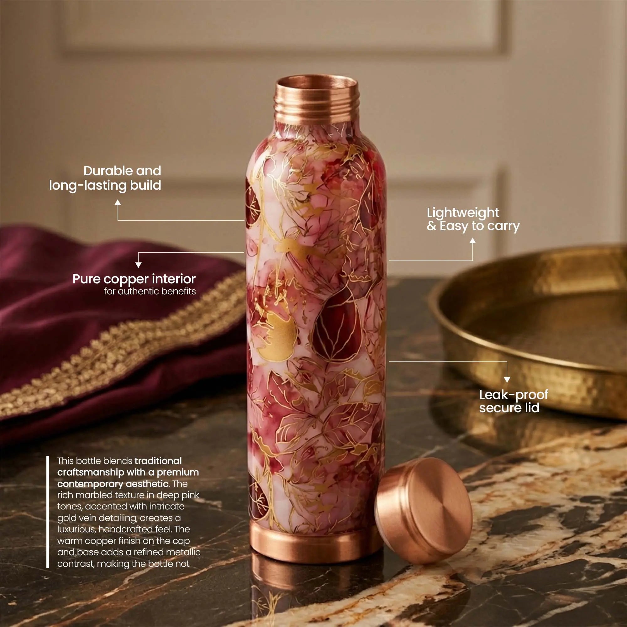 Maroon & Gold Leaf Copper Bottle