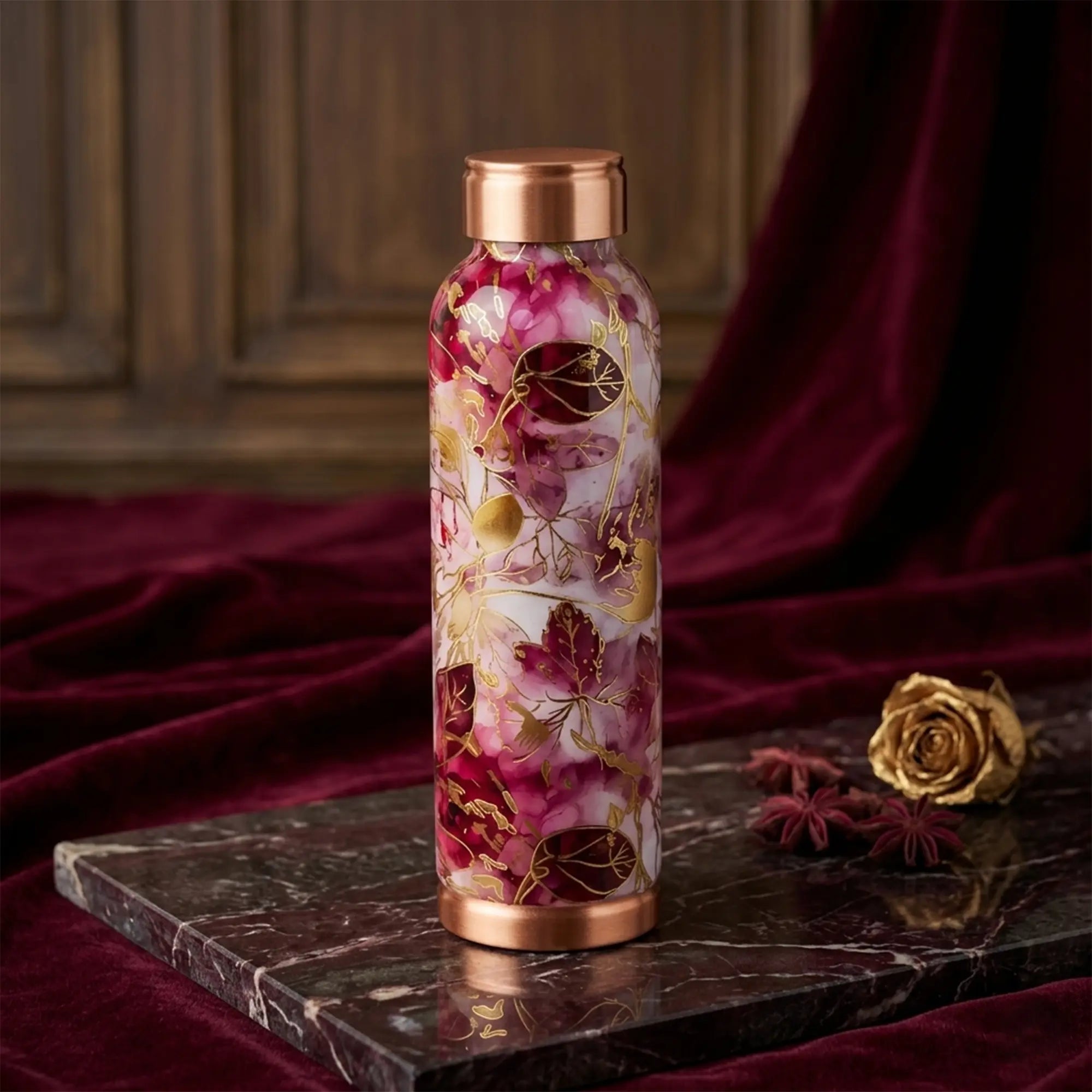 Maroon & Gold Leaf Copper Bottle