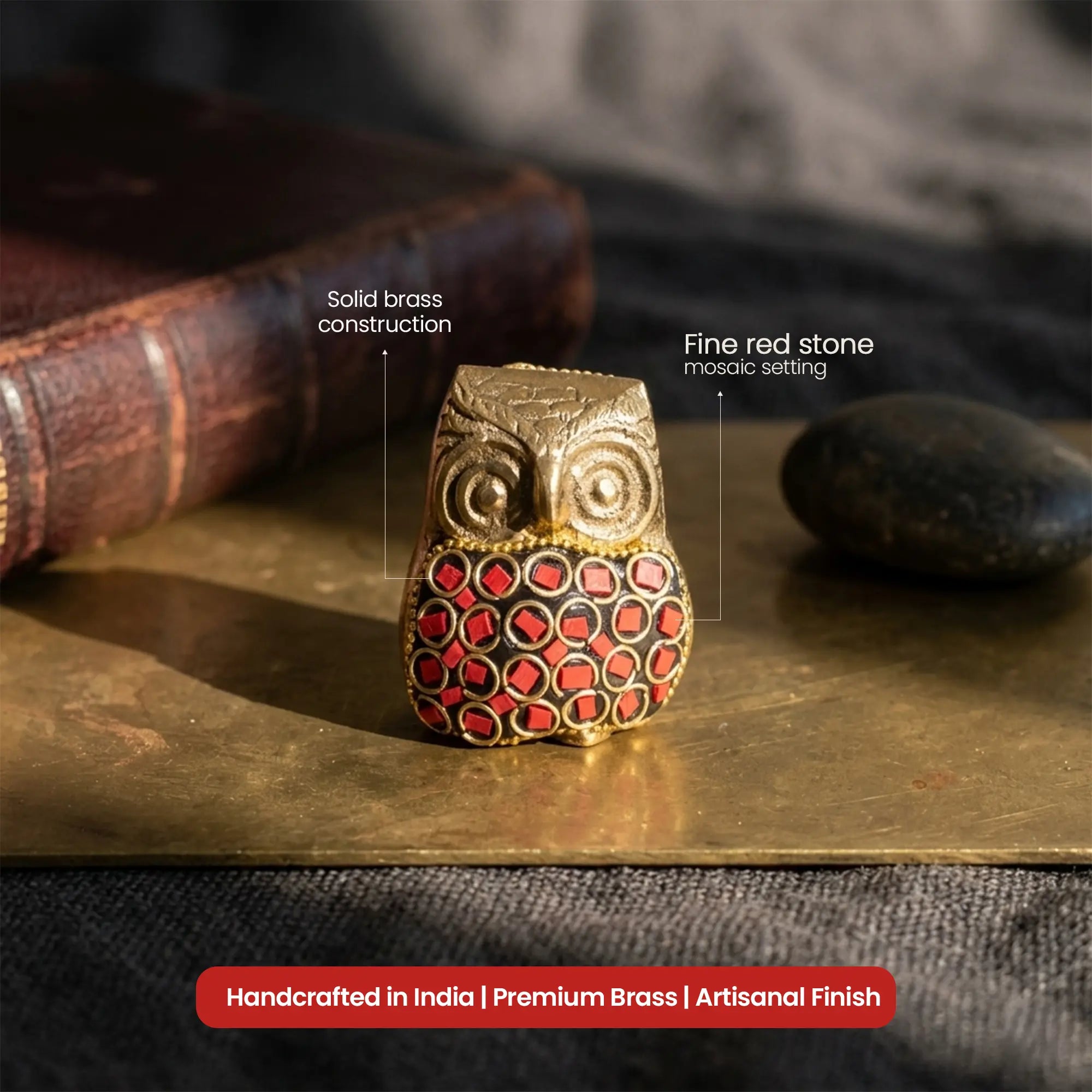 Antique Brass Owl Sculpture with Ruby Red Inlay