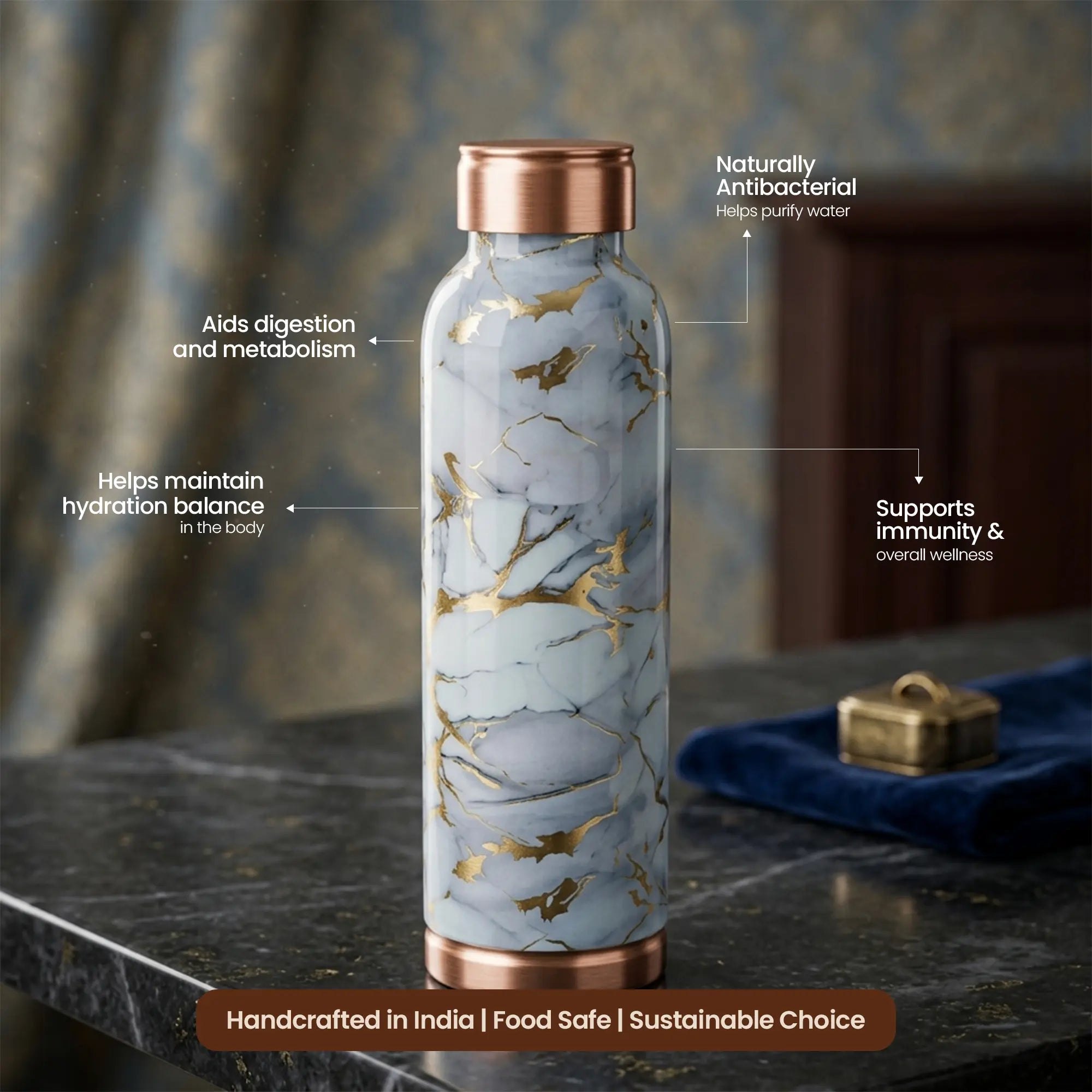 Grey Marble Gold Vein Copper Bottle