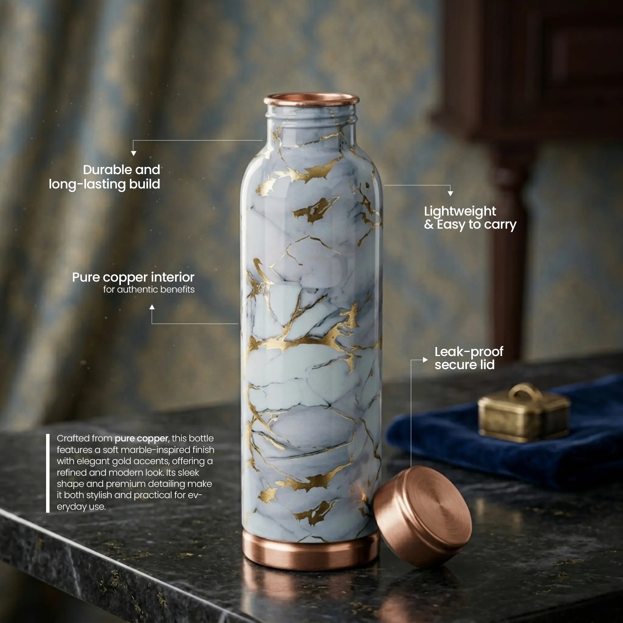 Grey Marble Gold Vein Copper Bottle