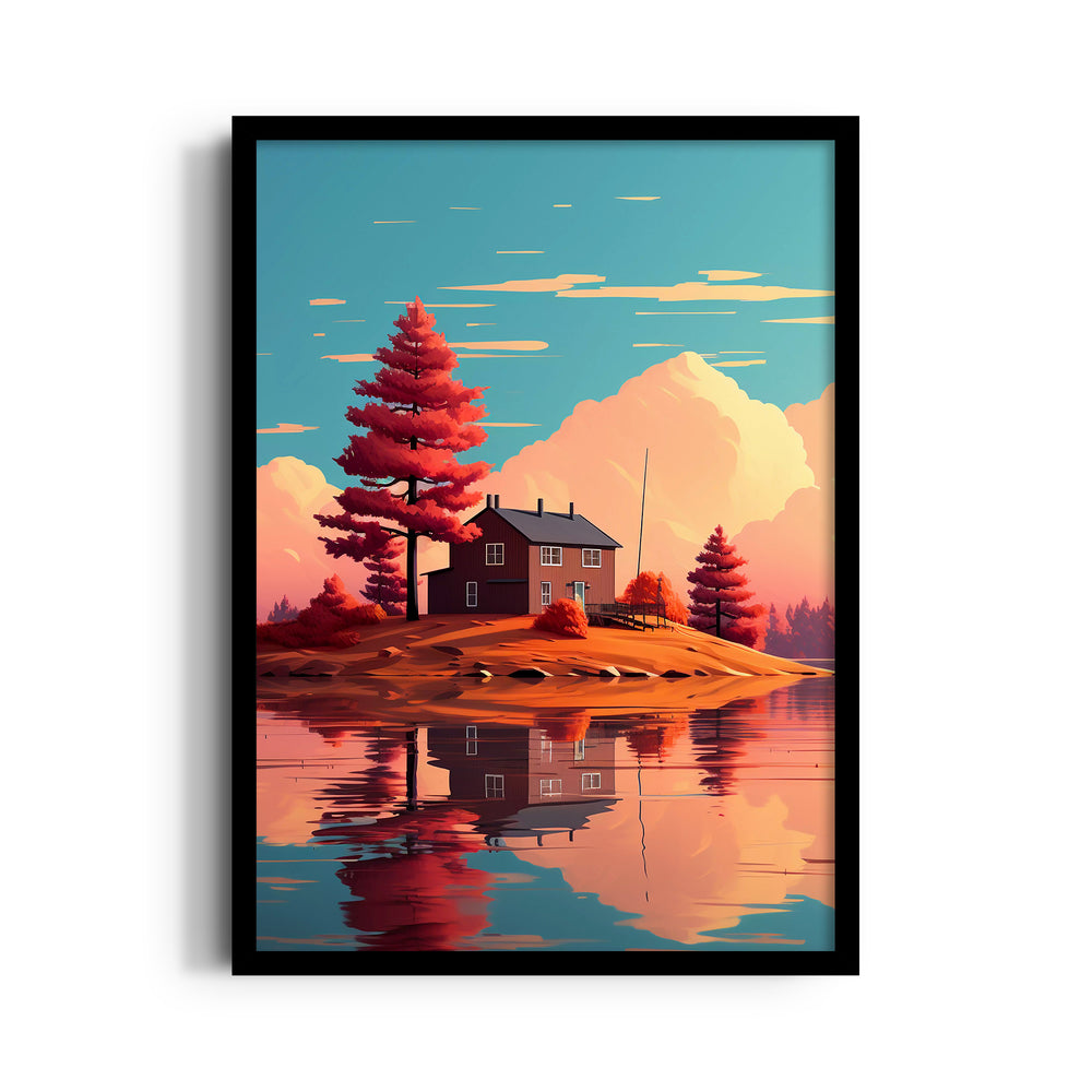 Scarlet Island Cabin Reflection – Landscape Modern Wall Art - Pillow Fights