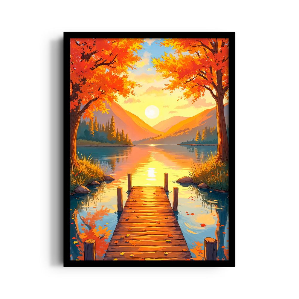 Autumn Lake Sunrise Pier - Landscape Modern Wall Art