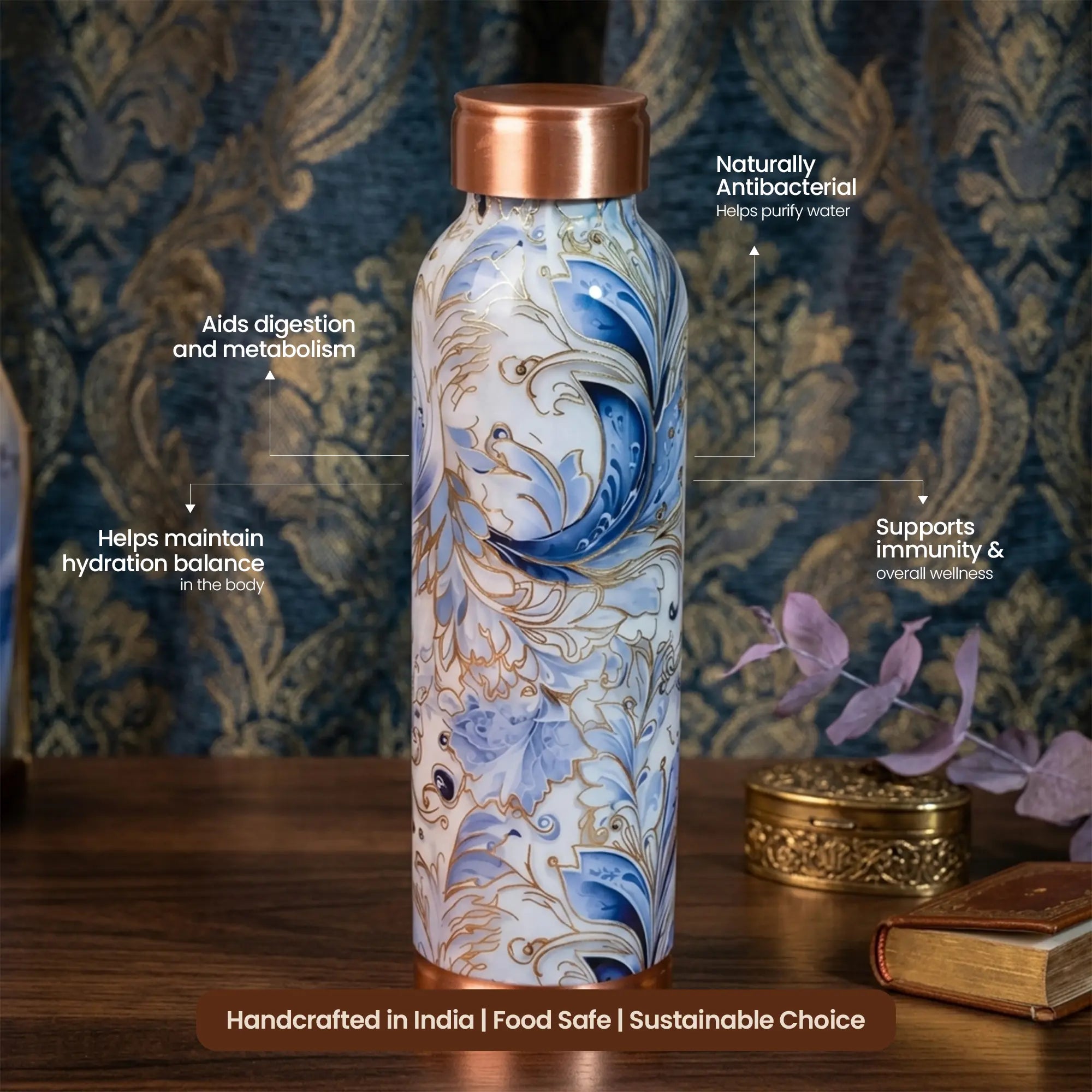 Grey Blue Marble Print Copper Bottle