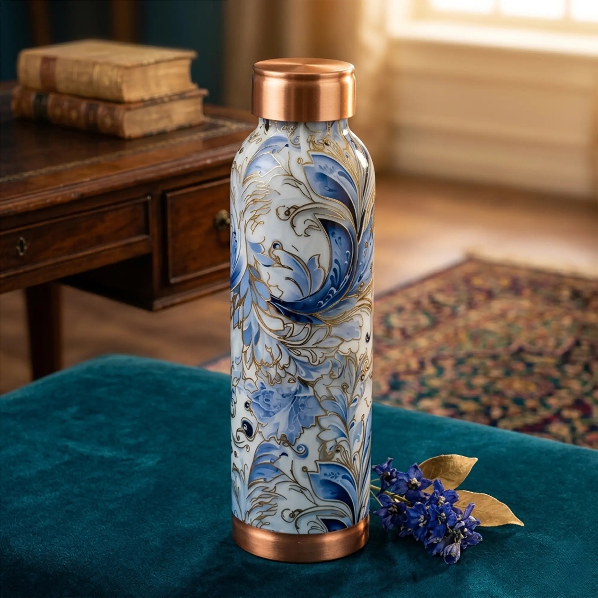 Grey Blue Marble Print Copper Bottle