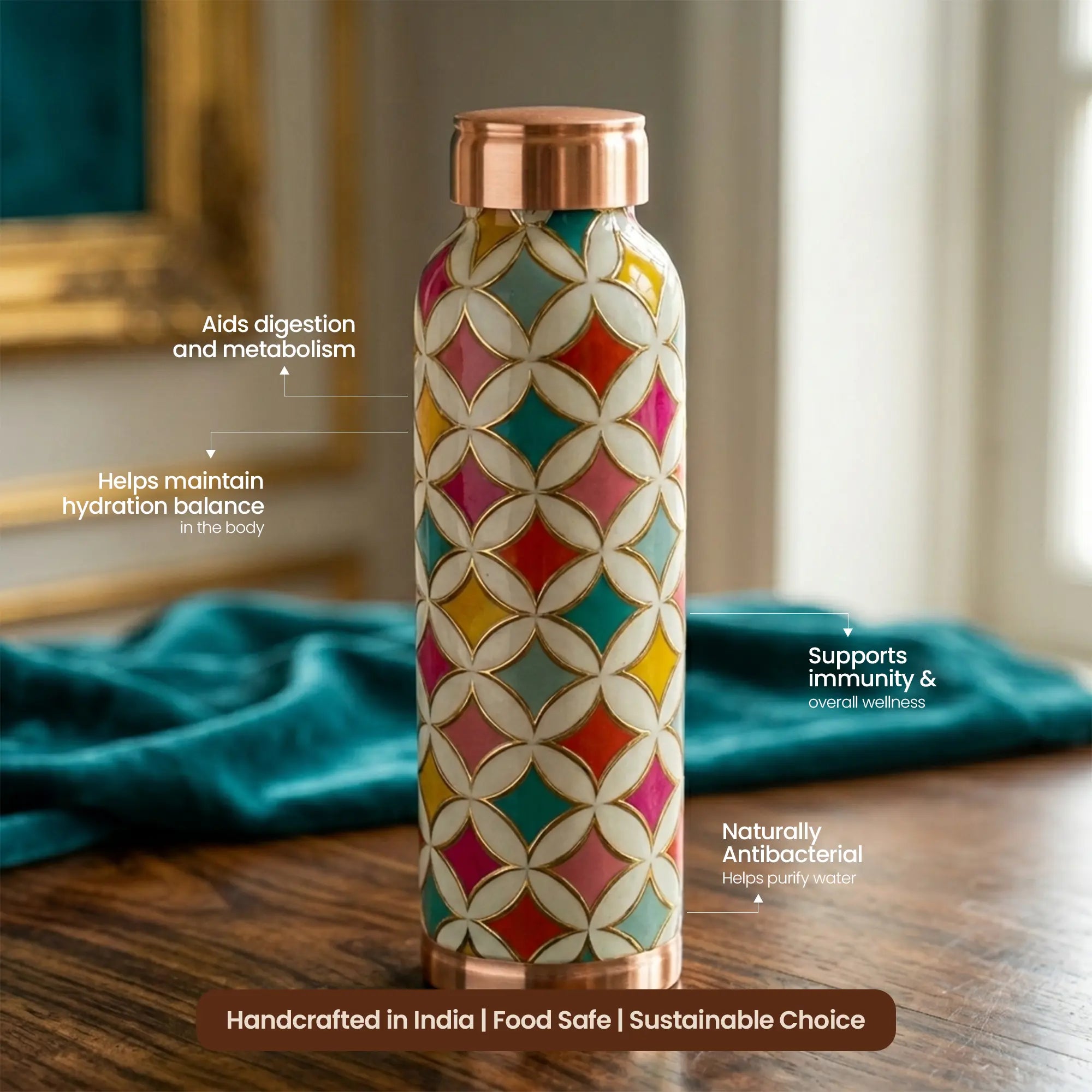 Vibrant Geometric Floral Copper Bottle