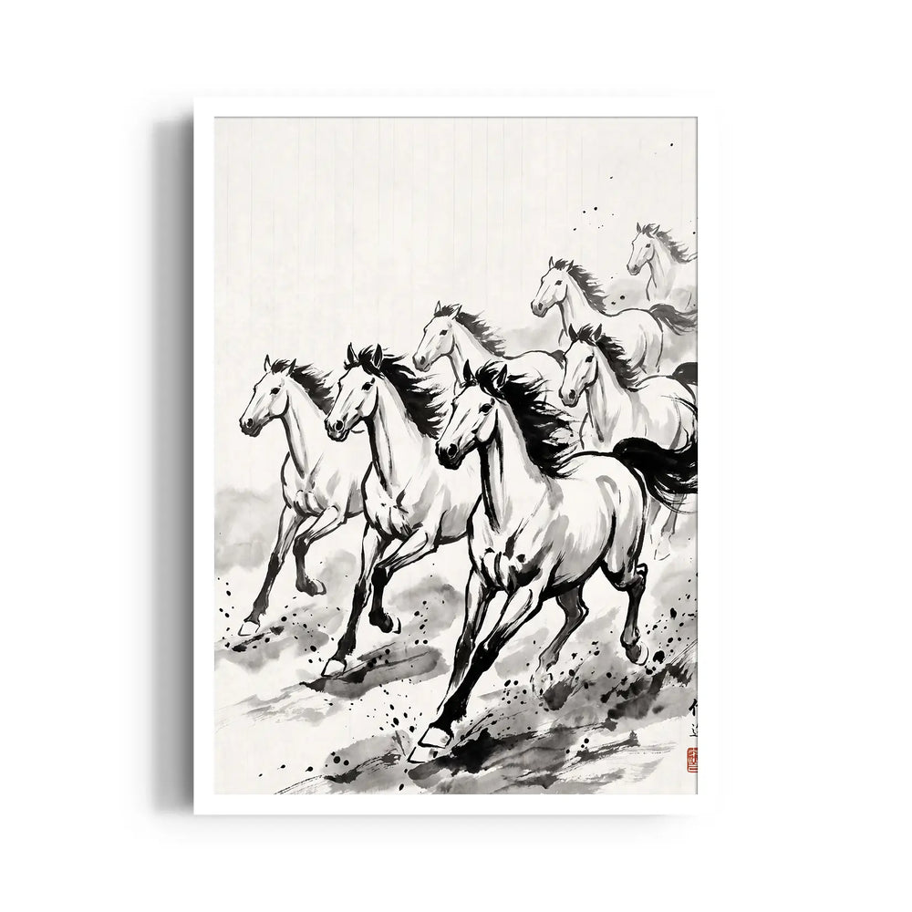 Zen Brushwork Gallop — 7 Horses Vastu Art