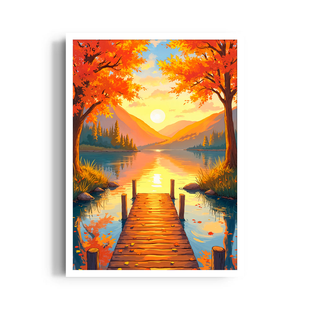 Autumn Lake Sunrise Pier - Landscape Modern Wall Art