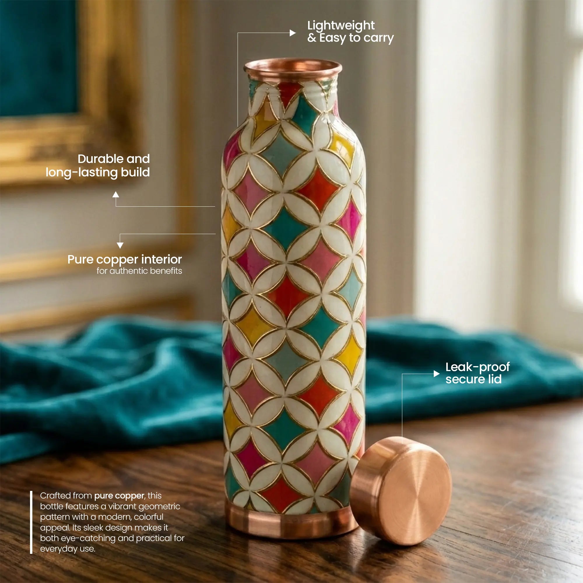 Vibrant Geometric Floral Copper Bottle