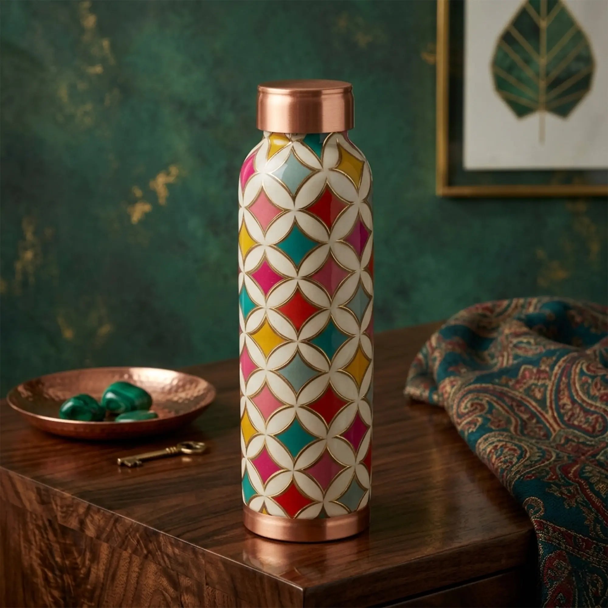 Vibrant Geometric Floral Copper Bottle