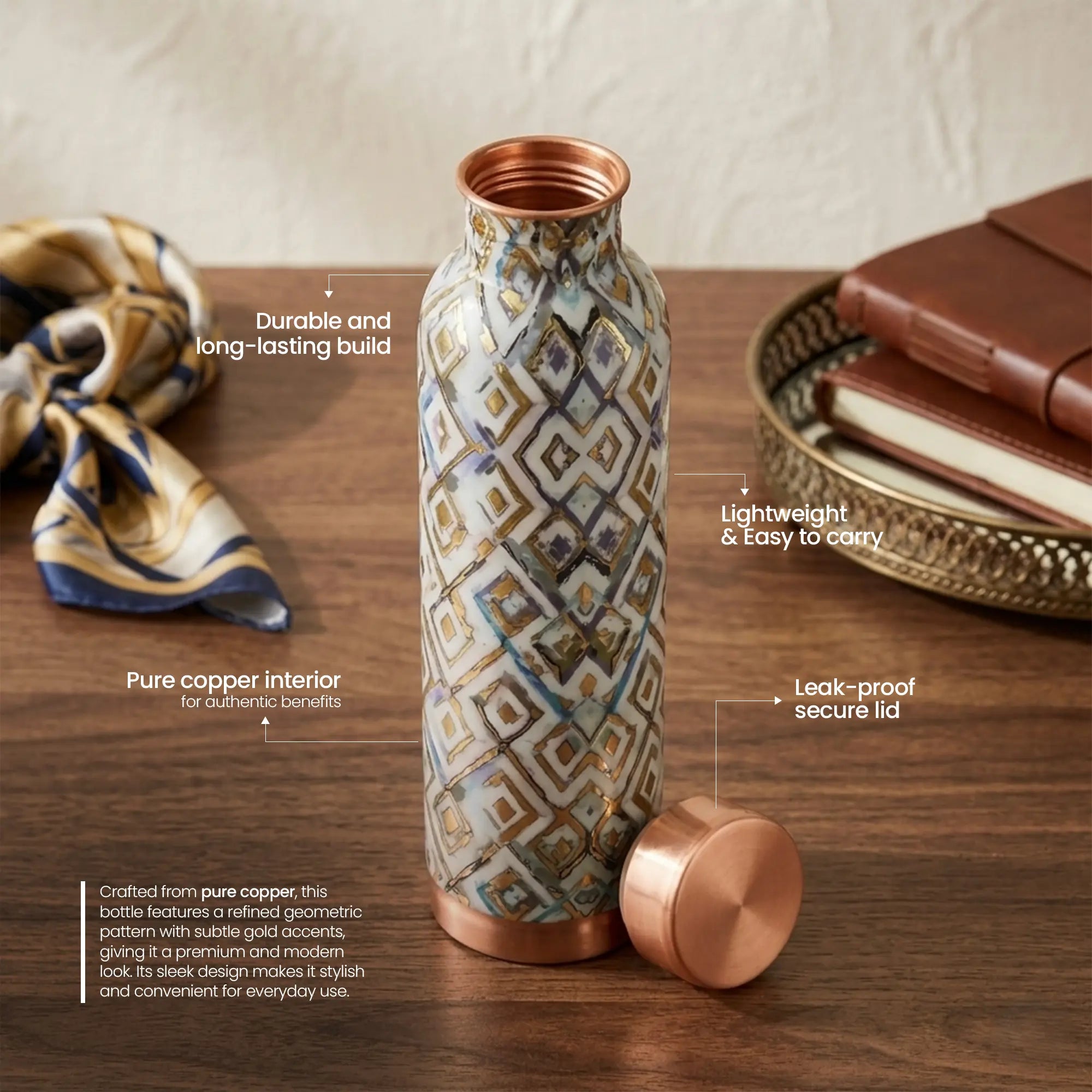 Grey Barfi Geometric Print Copper Bottle