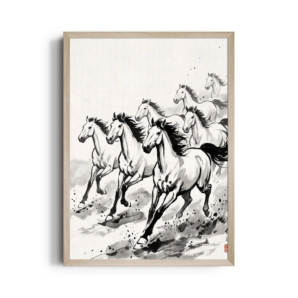 Zen Brushwork Gallop — 7 Horses Vastu Art