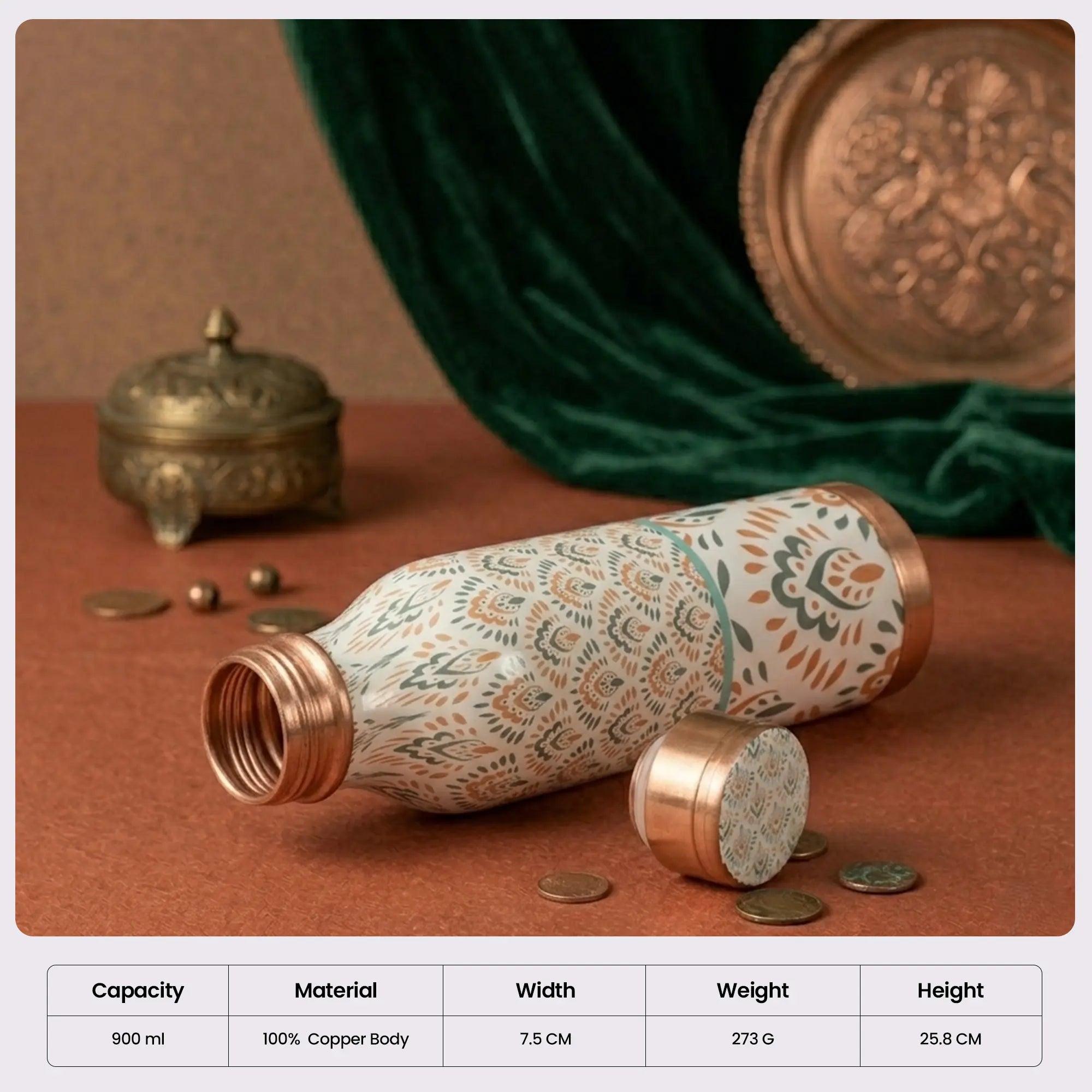 Traditional Green & Orange Floral Copper Bottle