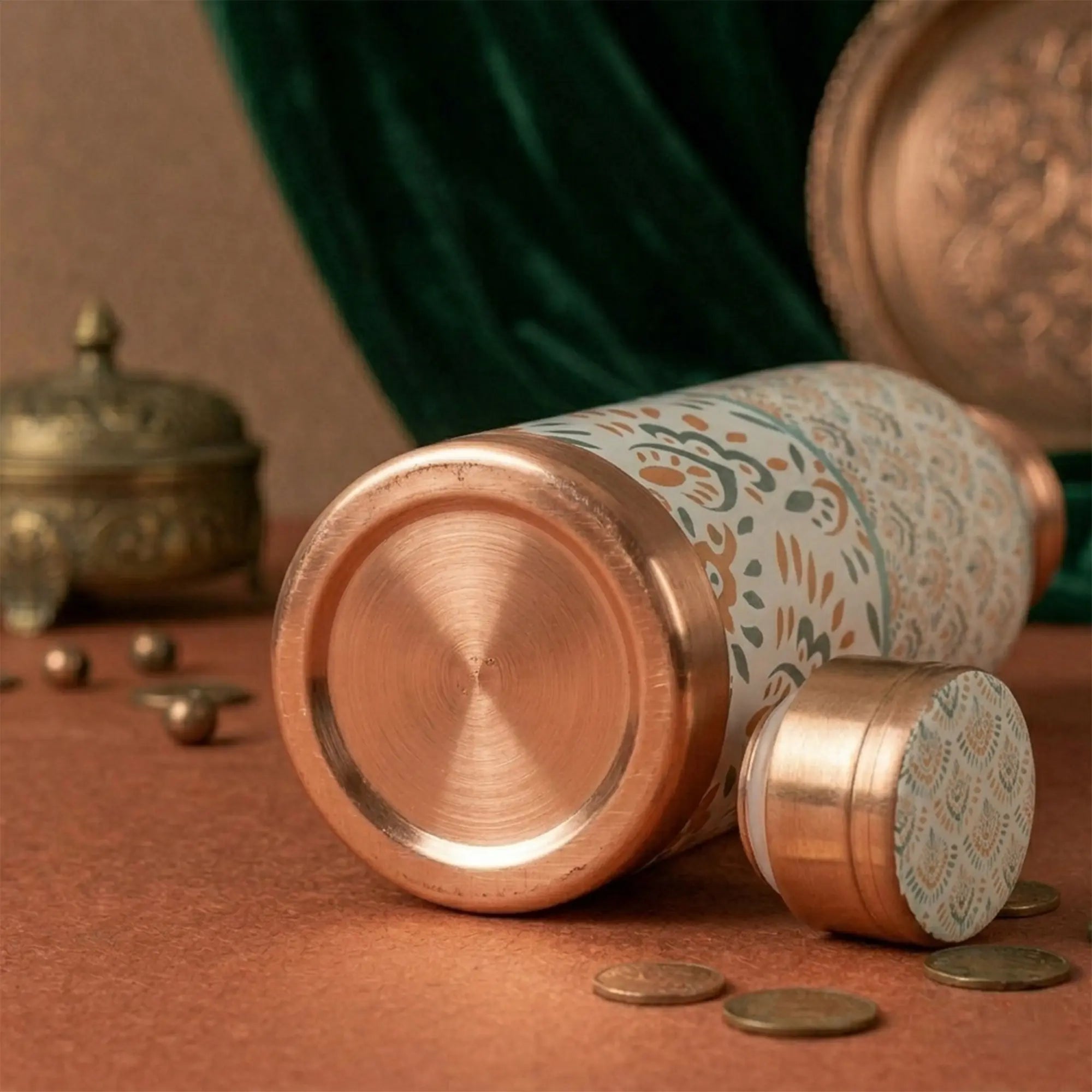 Traditional Green & Orange Floral Copper Bottle