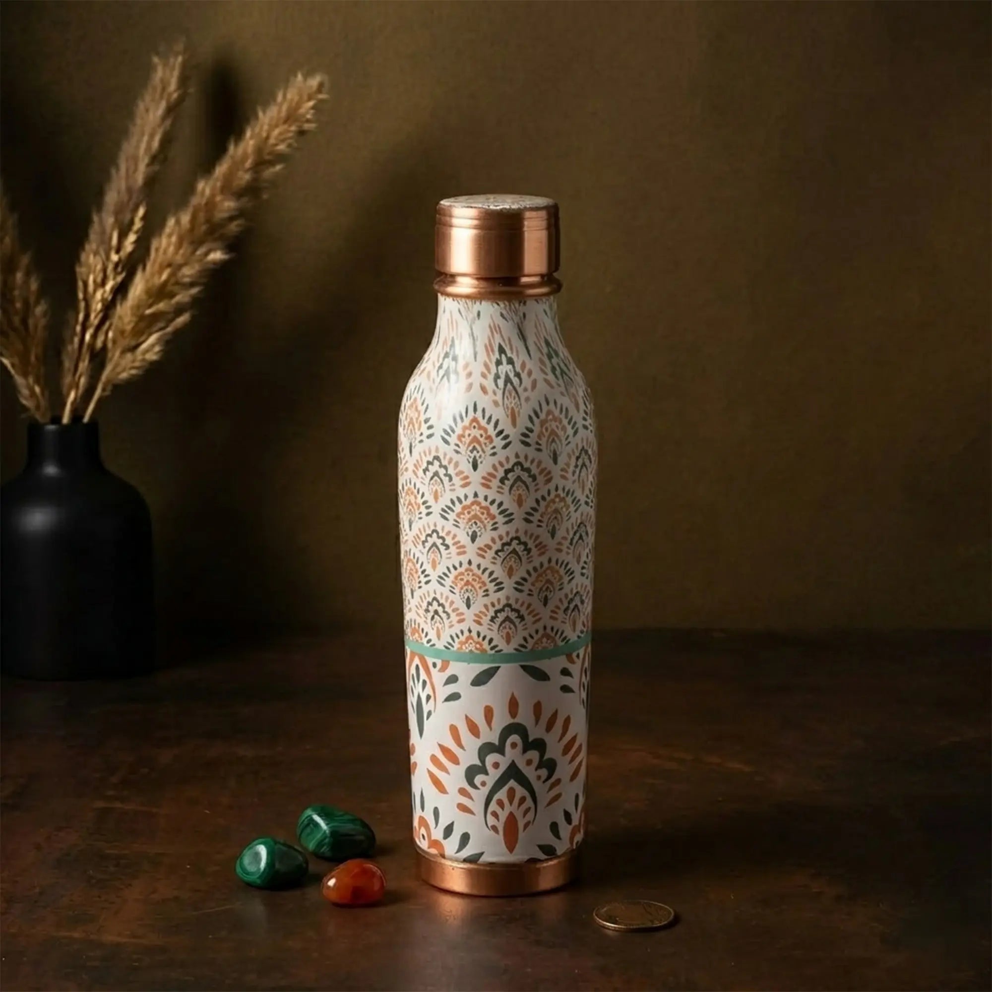 Traditional Green & Orange Floral Copper Bottle