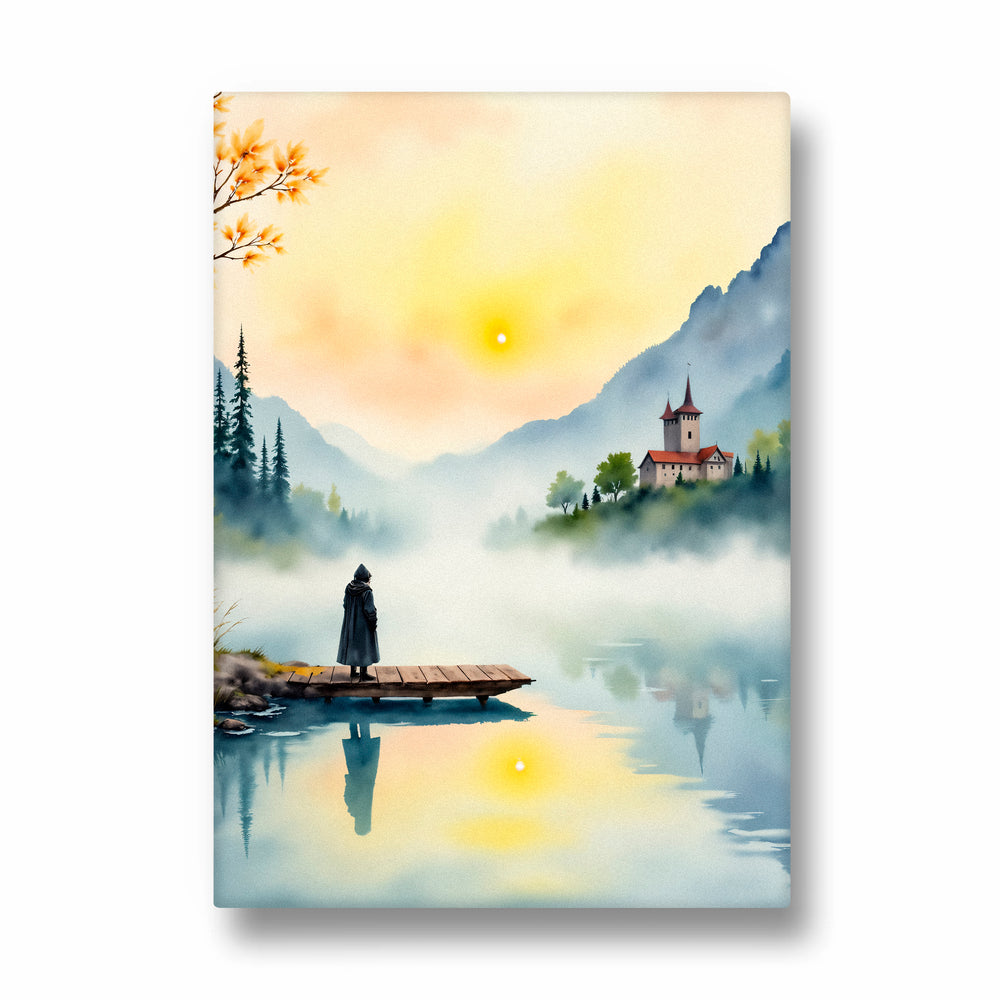 Misty Castle Lake Reverie - Landscape Modern Wall Art