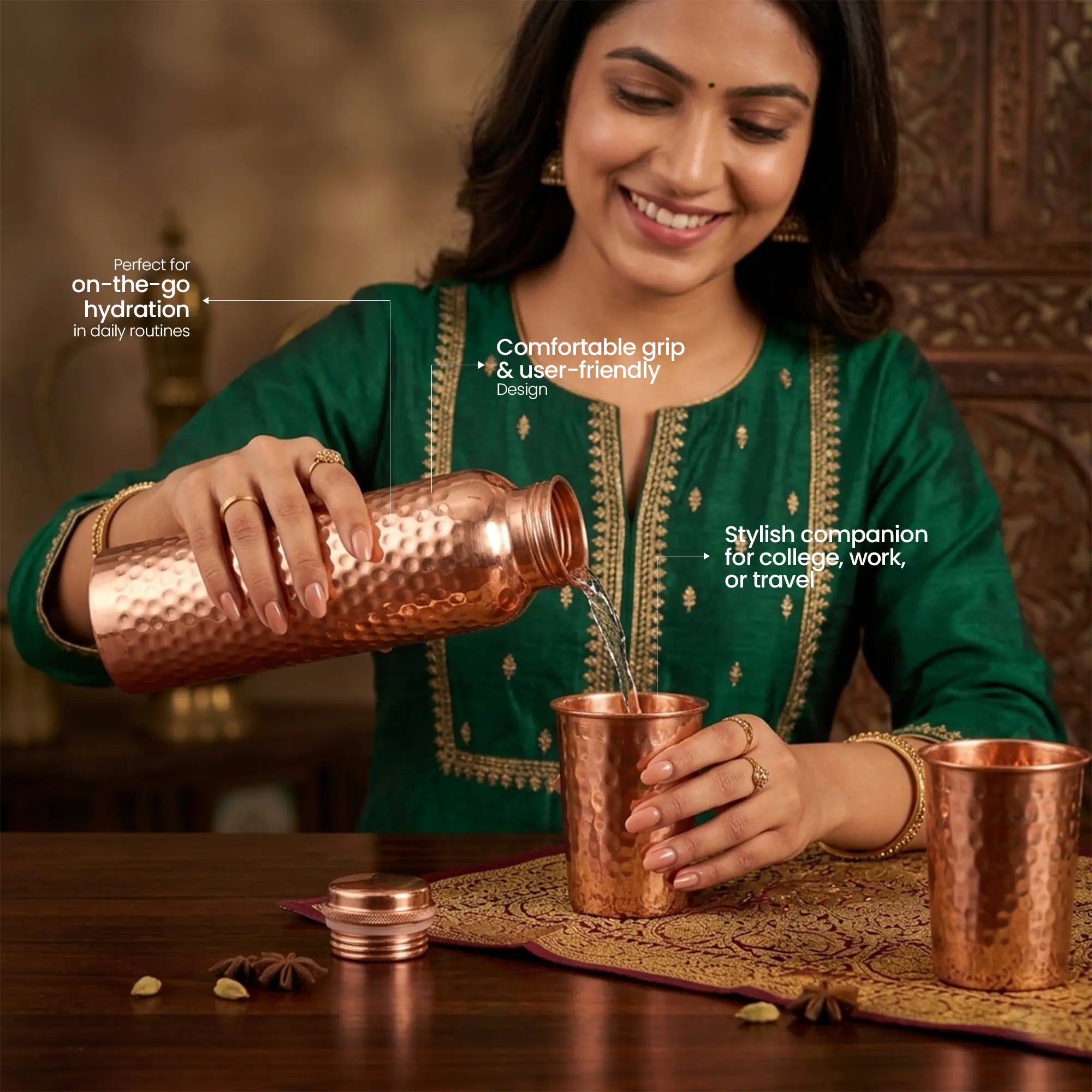 Classic Hammered Copper Bottle & Tumbler Set