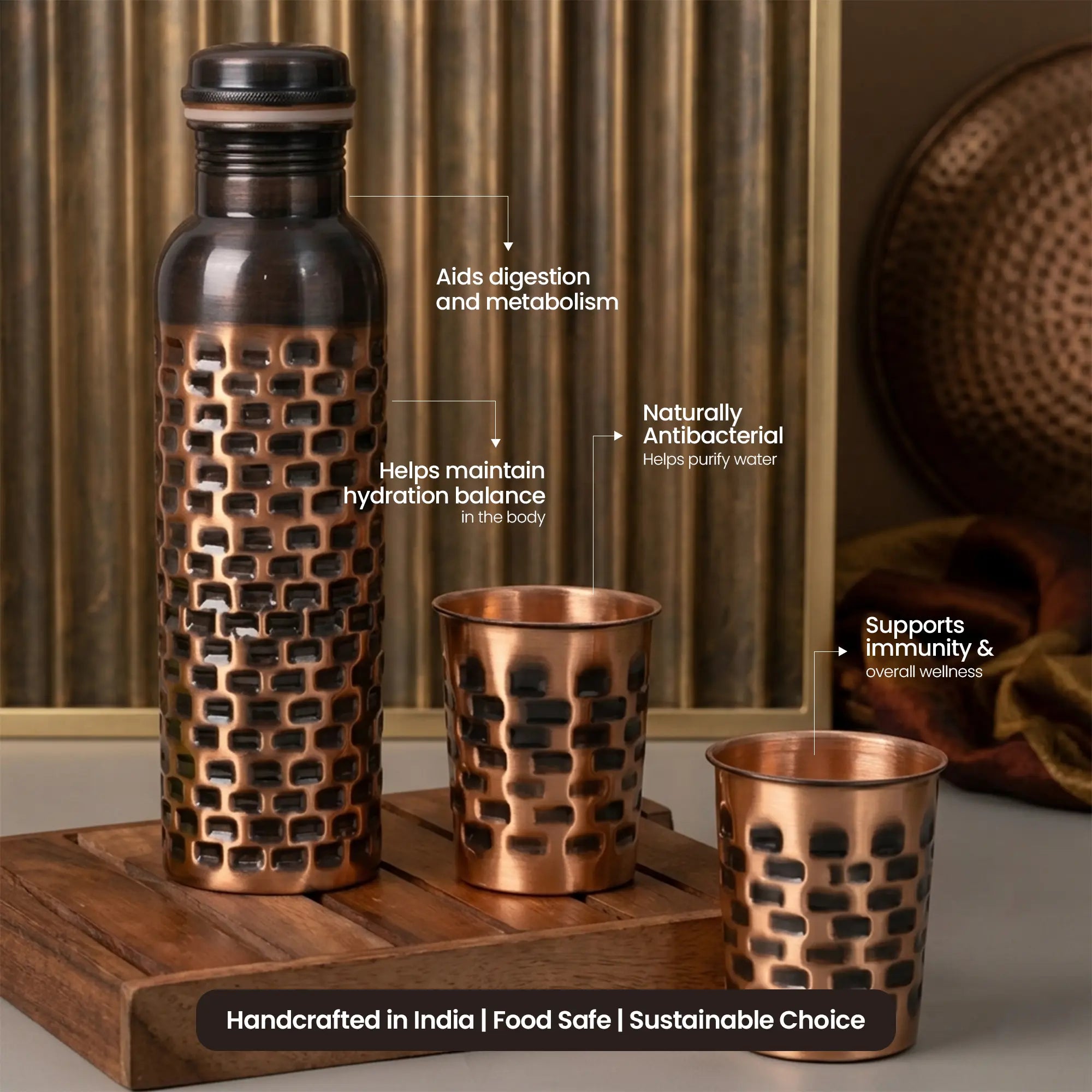 Antique Brick Pattern Copper Bottle & Tumbler Set