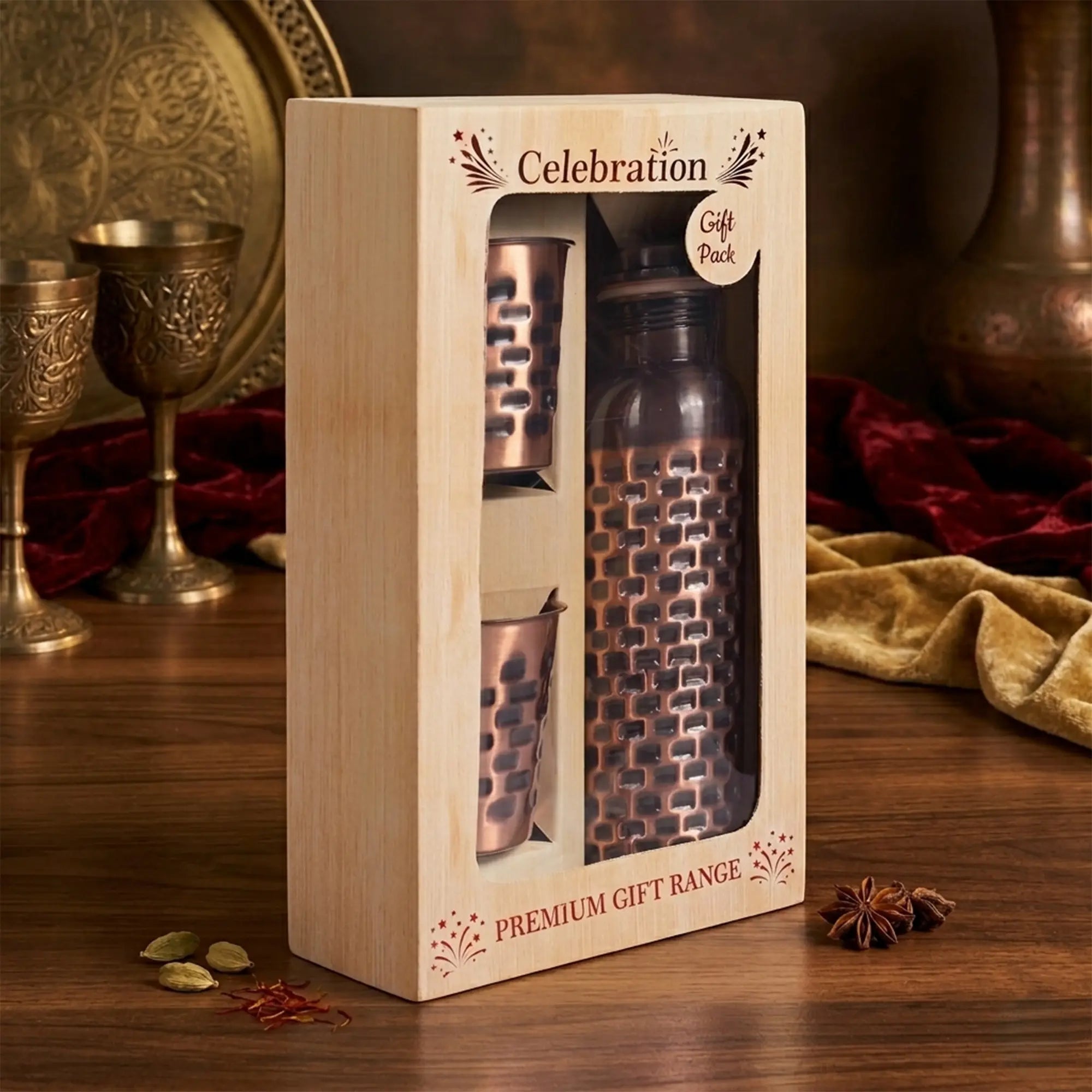 Antique Brick Pattern Copper Bottle & Tumbler Set
