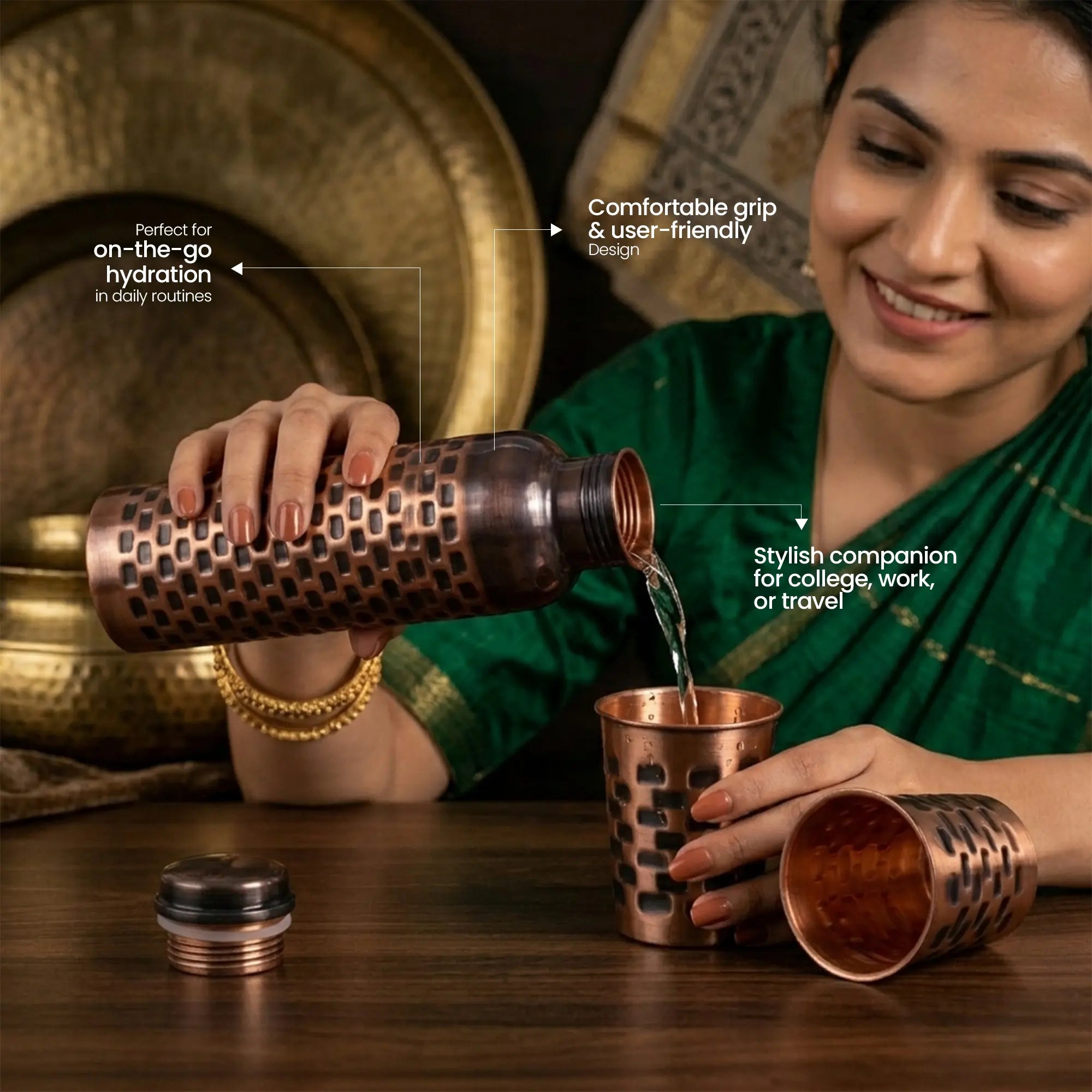 Antique Brick Pattern Copper Bottle & Tumbler Set