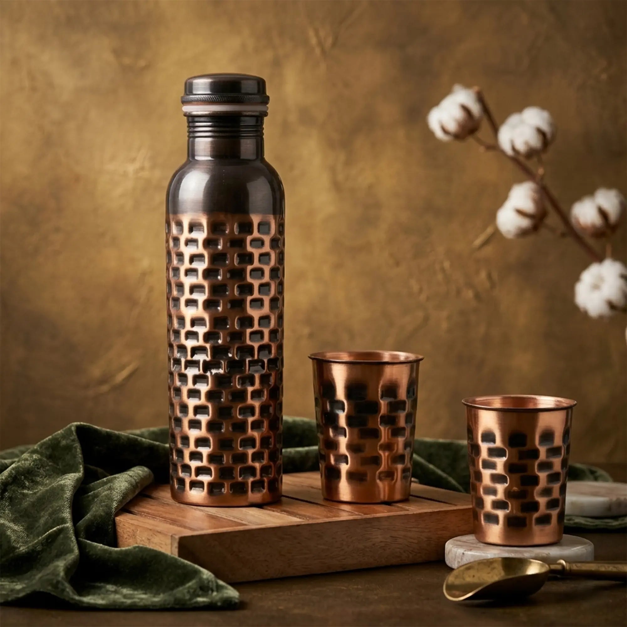 Antique Brick Pattern Copper Bottle & Tumbler Set
