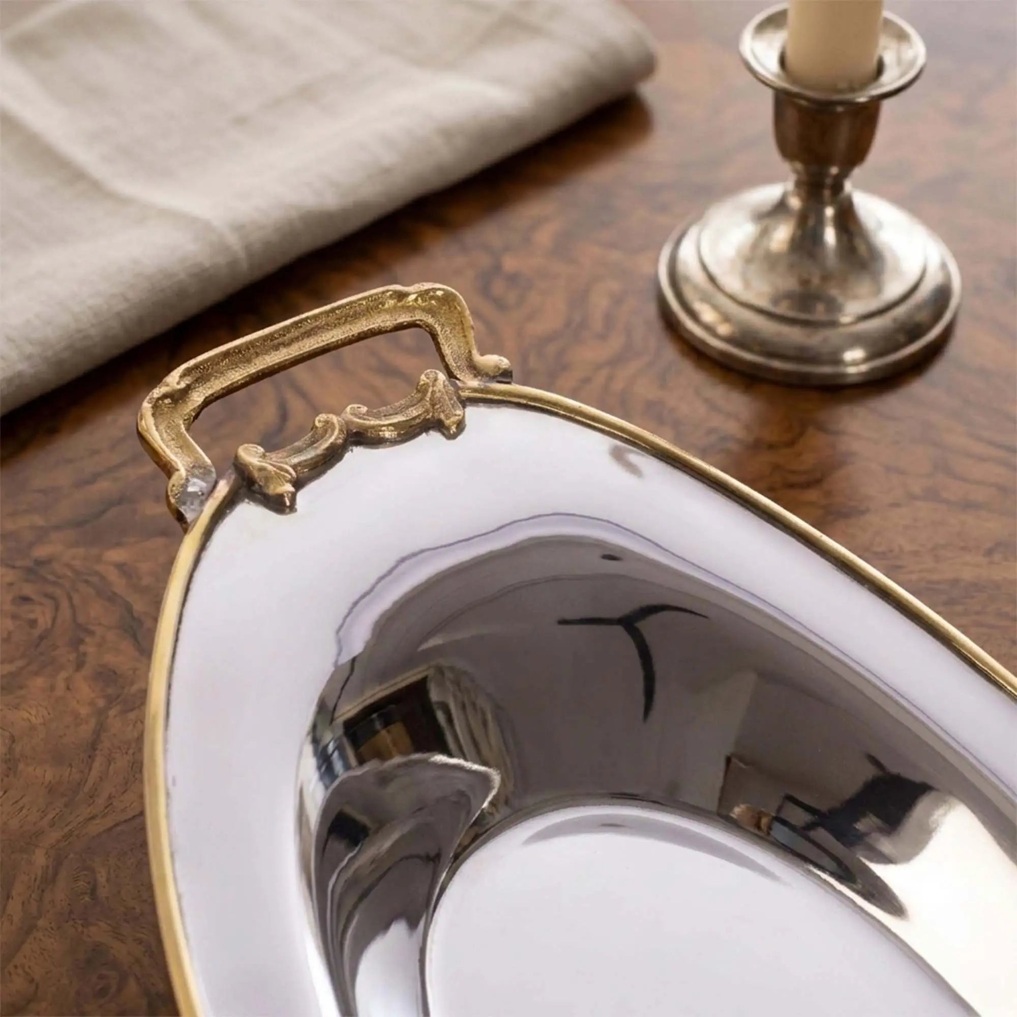 Hammered Stainless Steel Leaf Platter with Brass Handle