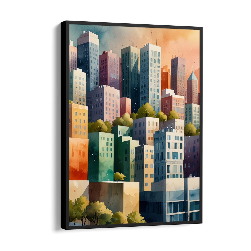 Colorful Urban Skyline Illustration – Modern Cityscape Wall Art