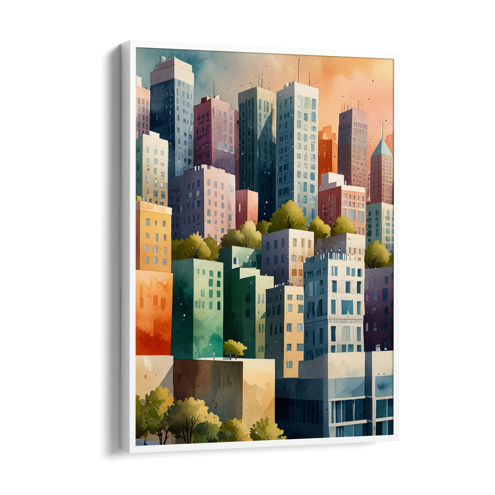 Colorful Urban Skyline Illustration – Modern Cityscape Wall Art