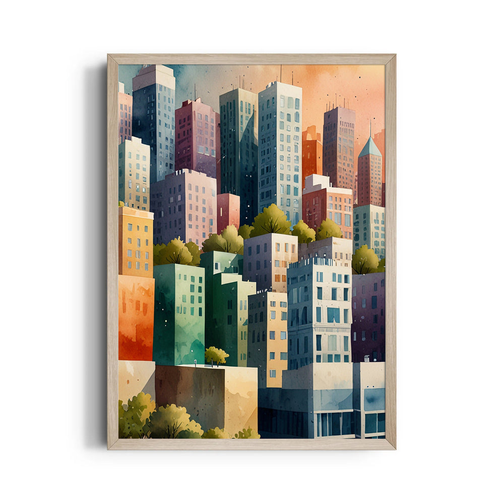 Colorful Urban Skyline Illustration – Modern Cityscape Wall Art