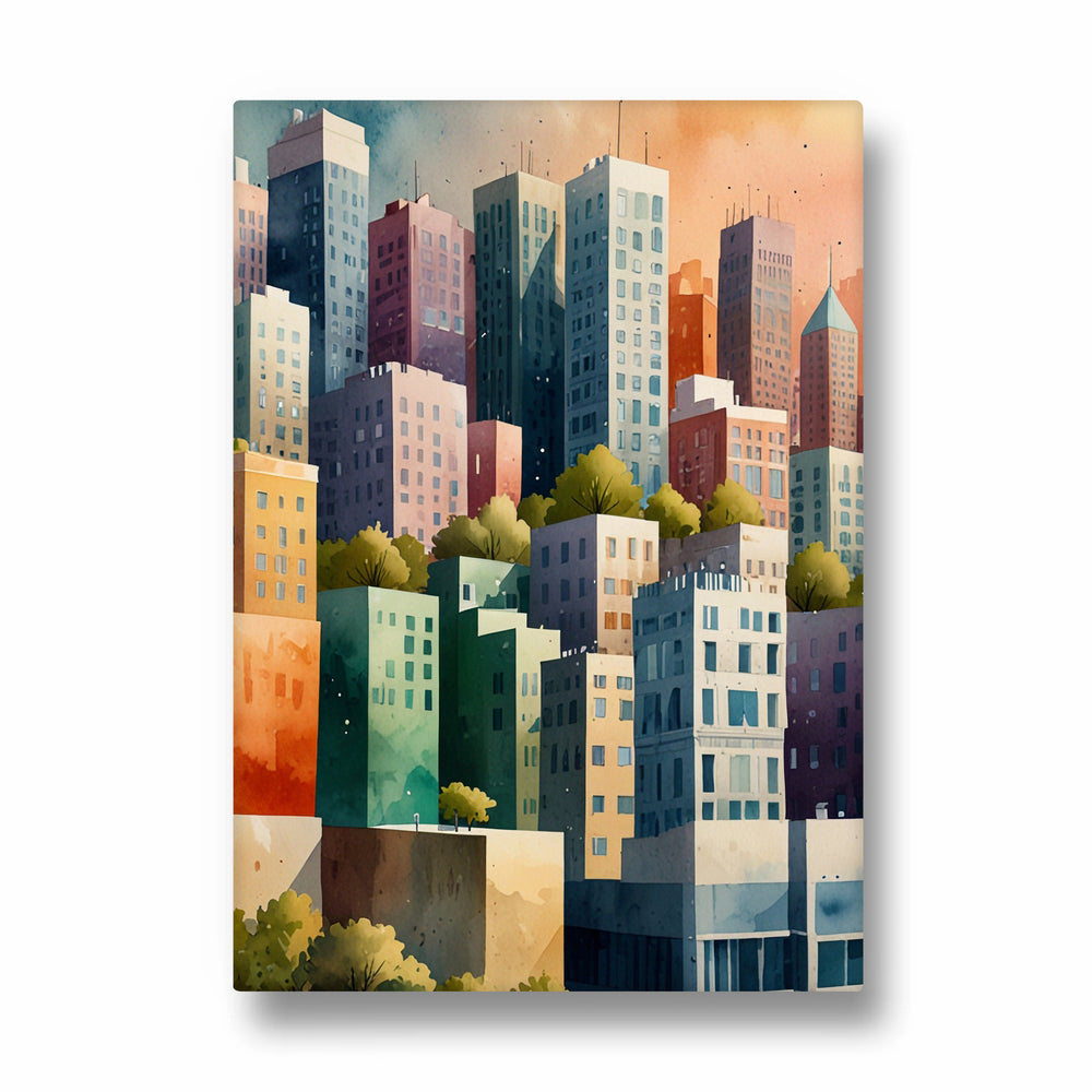 Colorful Urban Skyline Illustration – Modern Cityscape Wall Art