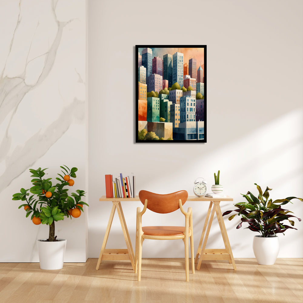 Colorful Urban Skyline Illustration – Modern Cityscape Wall Art