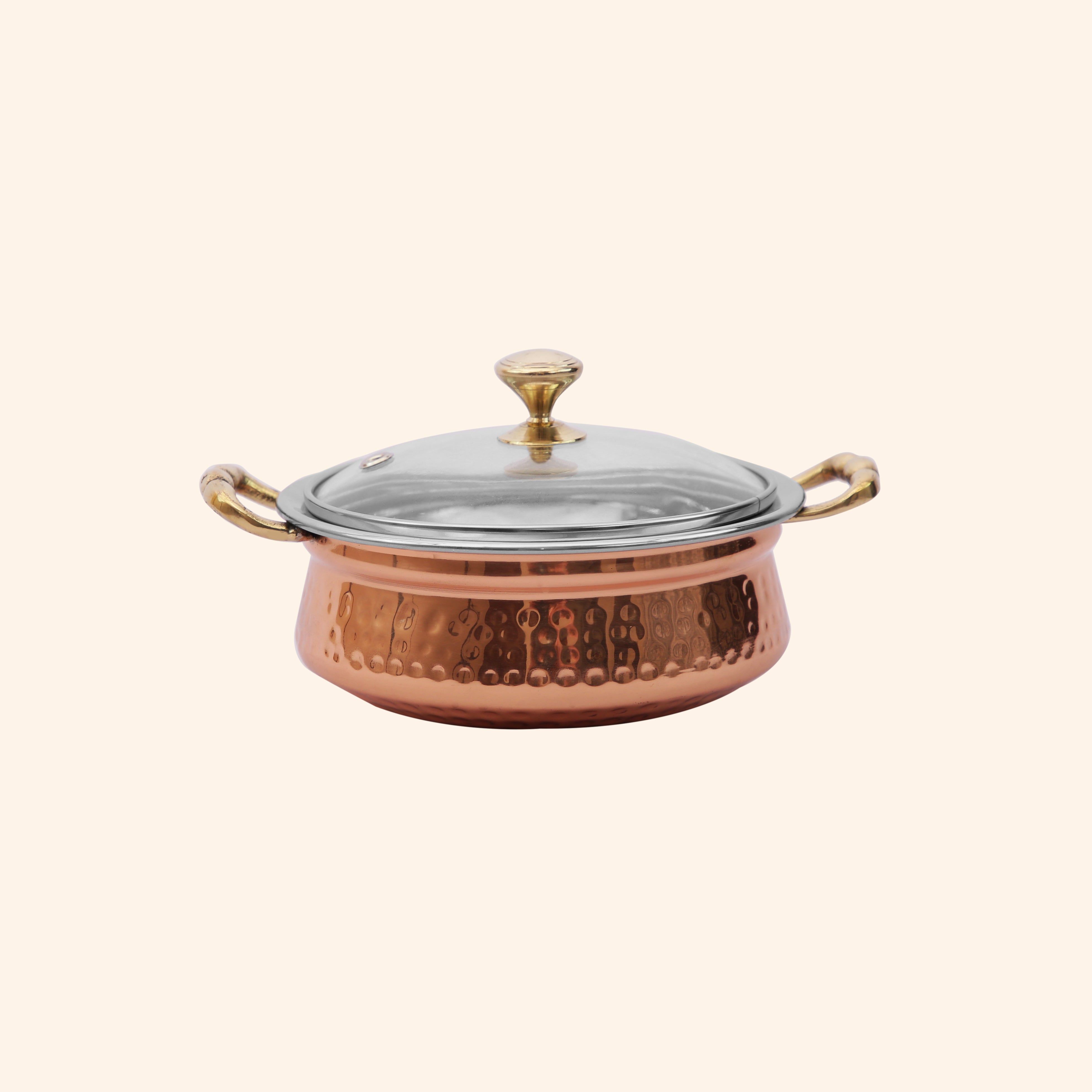Large Copper & Steel Serving Handi with Glass Lid