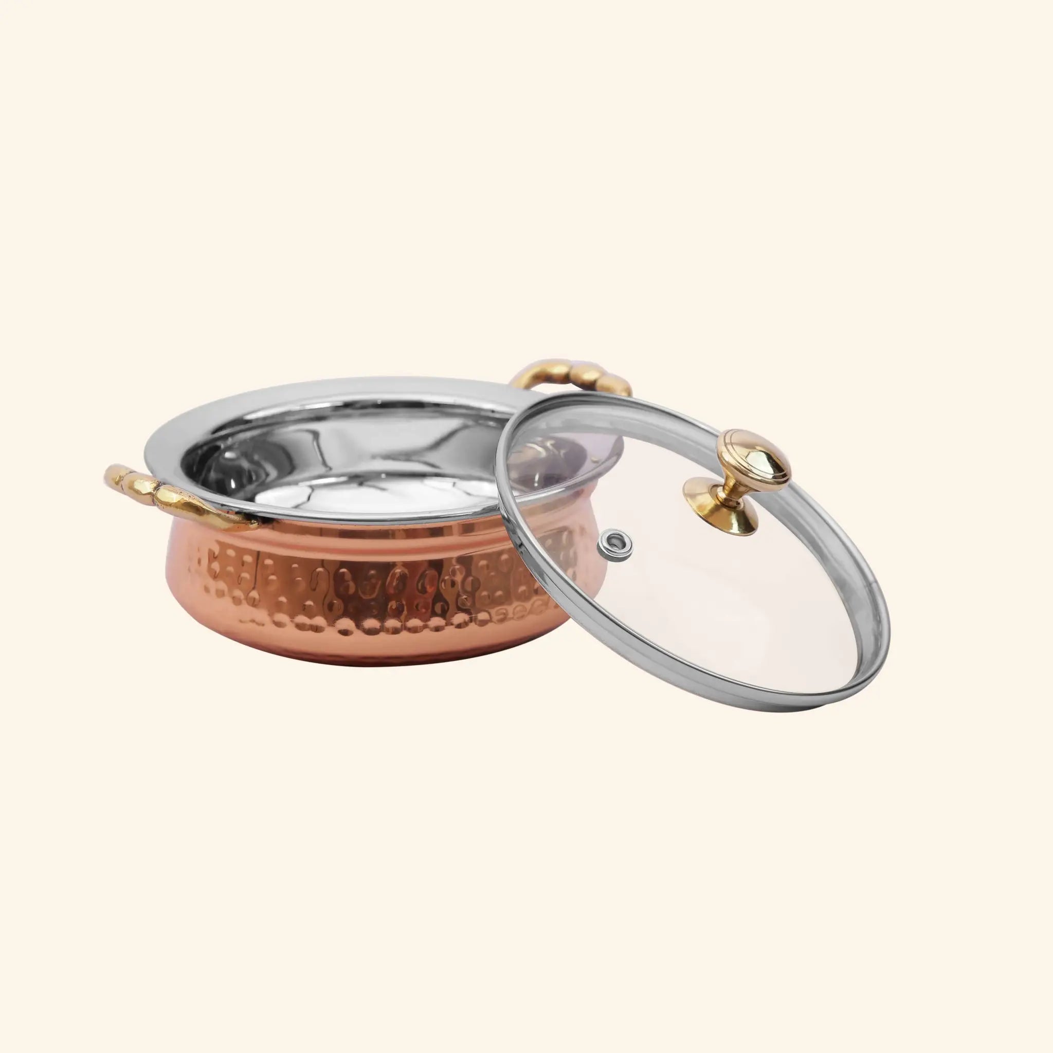 Large Copper & Steel Serving Handi with Glass Lid