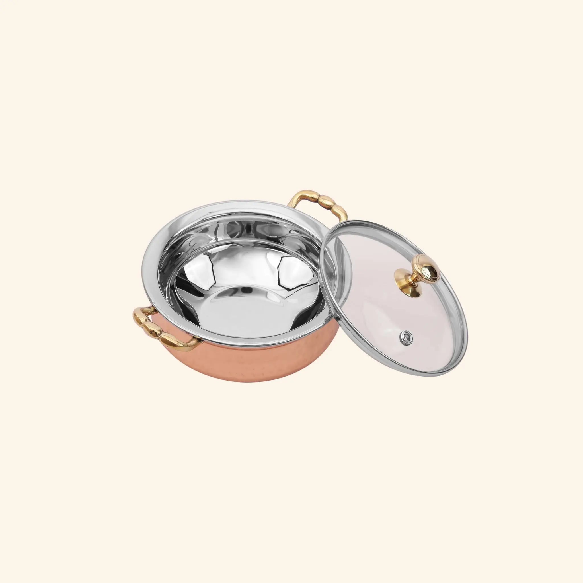 Large Copper & Steel Serving Handi with Glass Lid