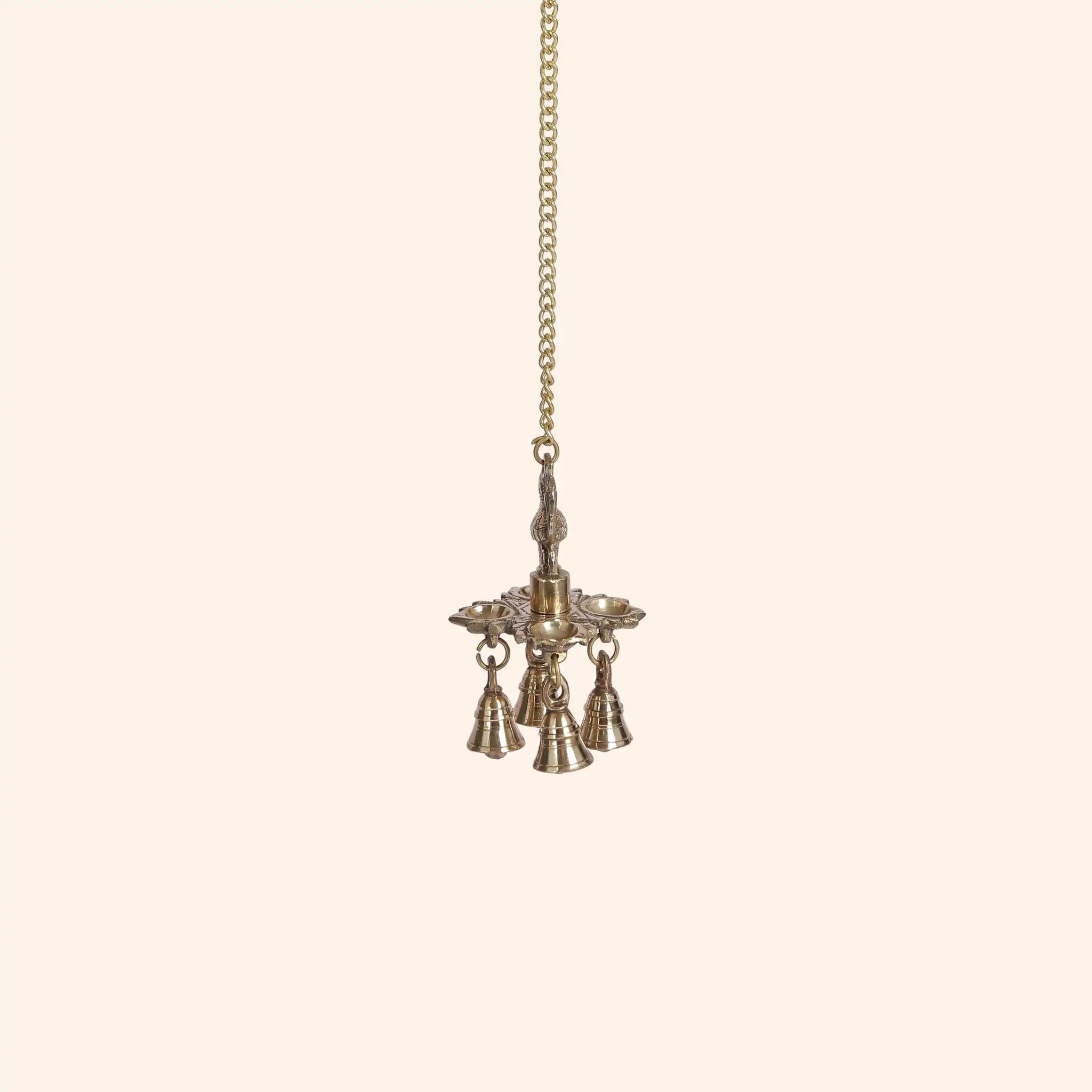 Traditional Brass Hanging Diya with Bells ("Munga Deep Chain")