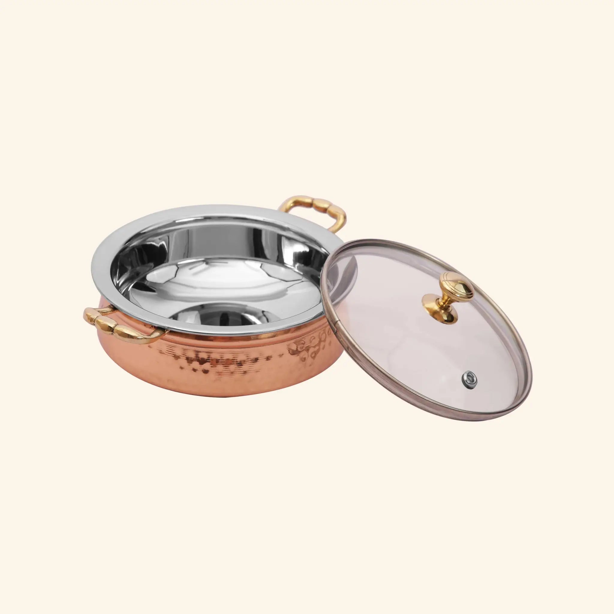 Elegant Copper & Steel Serving Handi with Glass Lid & Brass Handles