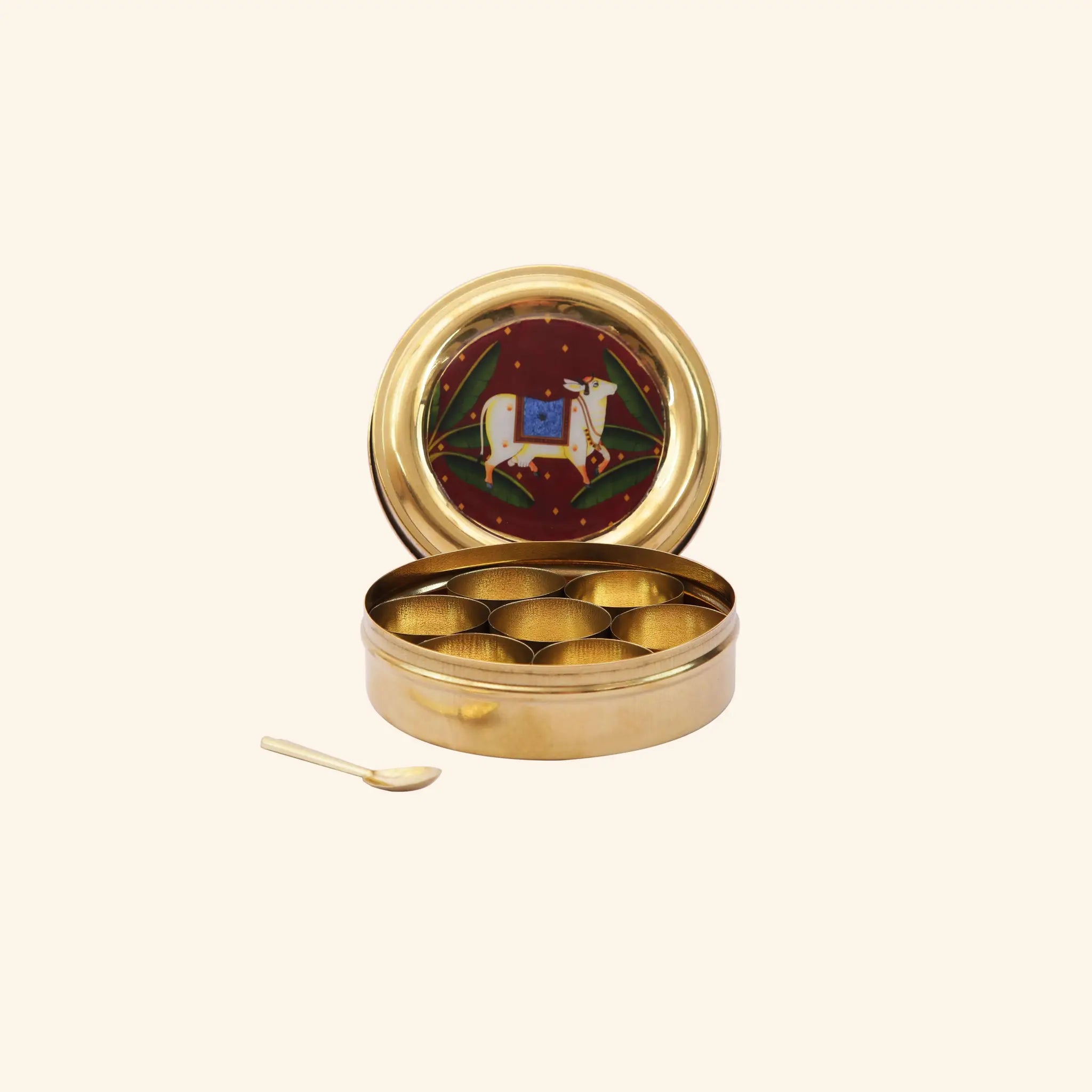 Traditional Brass Masala Dabba (Spice Box) with Sacred Cow Lid