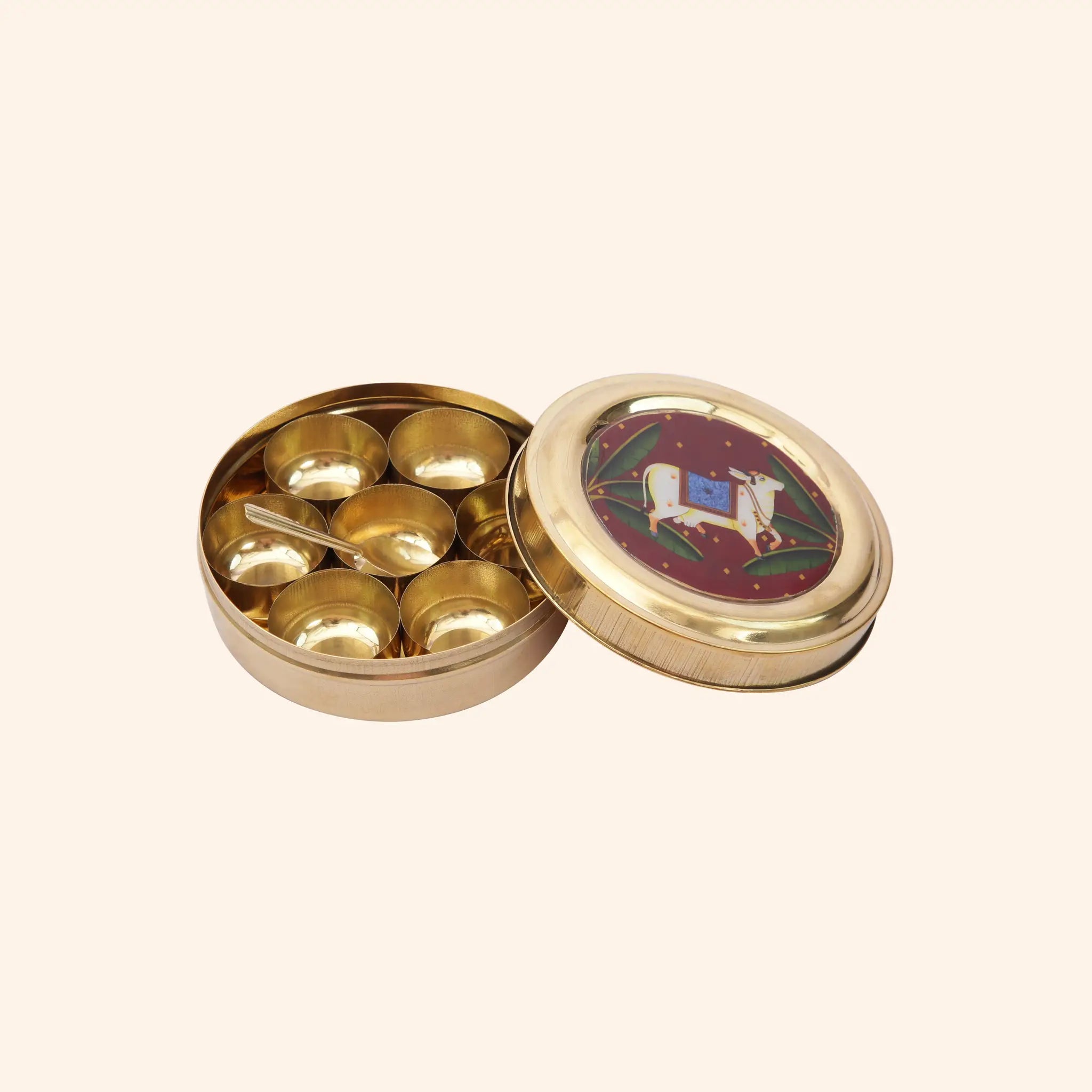 Traditional Brass Masala Dabba (Spice Box) with Sacred Cow Lid