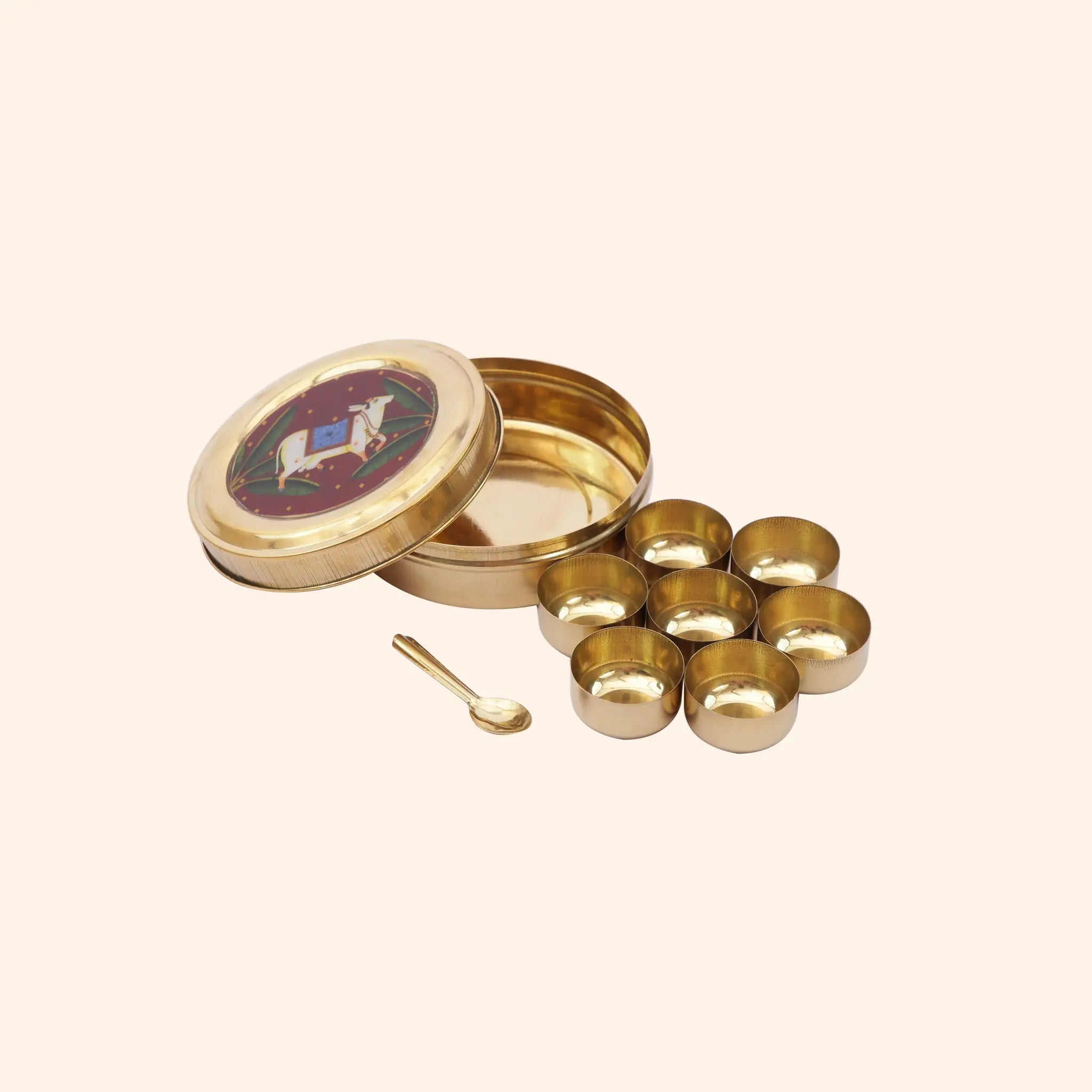 Traditional Brass Masala Dabba (Spice Box) with Sacred Cow Lid