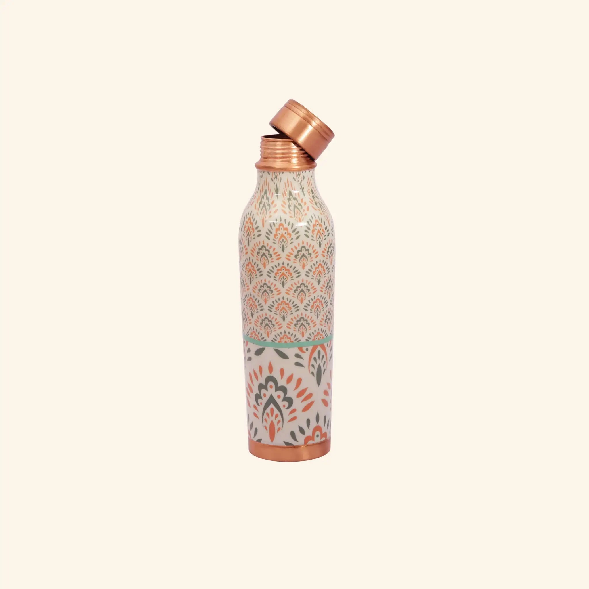 Traditional Green & Orange Floral Copper Bottle, 900 ml