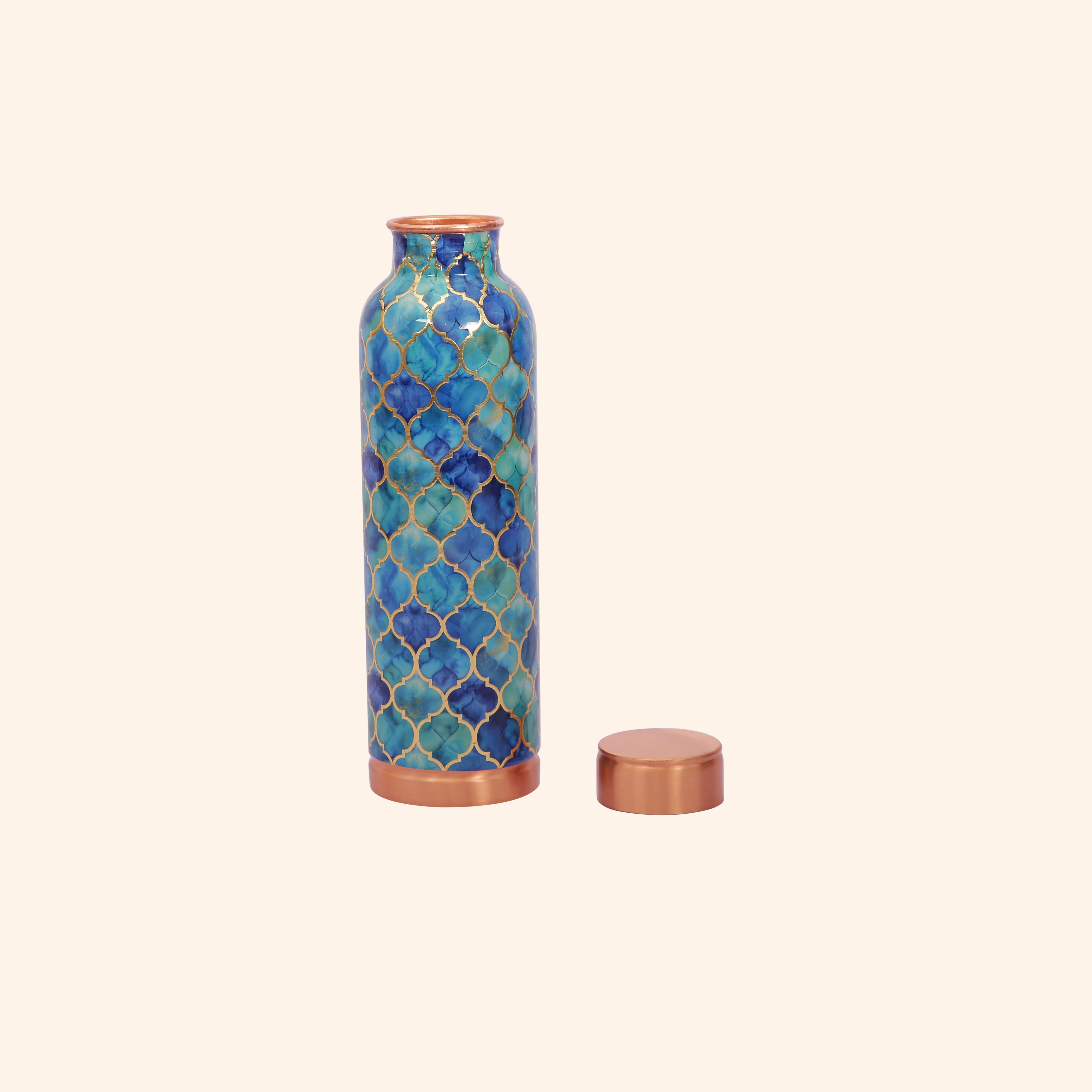 Oceanic Blue Moroccan Print Copper Bottle, 900 ml