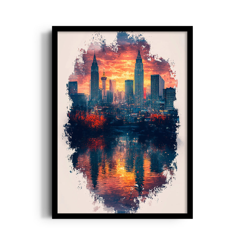 Sunset City Skyline Reflection – Modern Urban Wall Art
