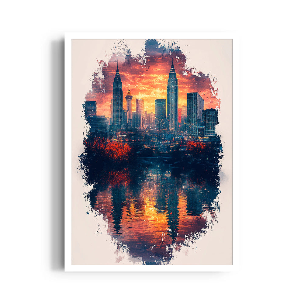 Sunset City Skyline Reflection – Modern Urban Wall Art