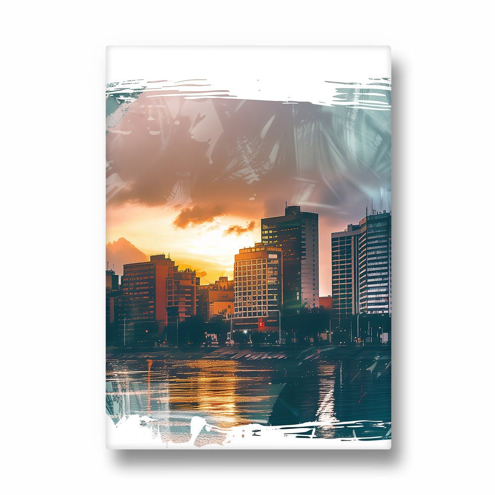 Sunset Waterfront Skyline ??? Modern Cityscape Wall Art - Pillow Fights