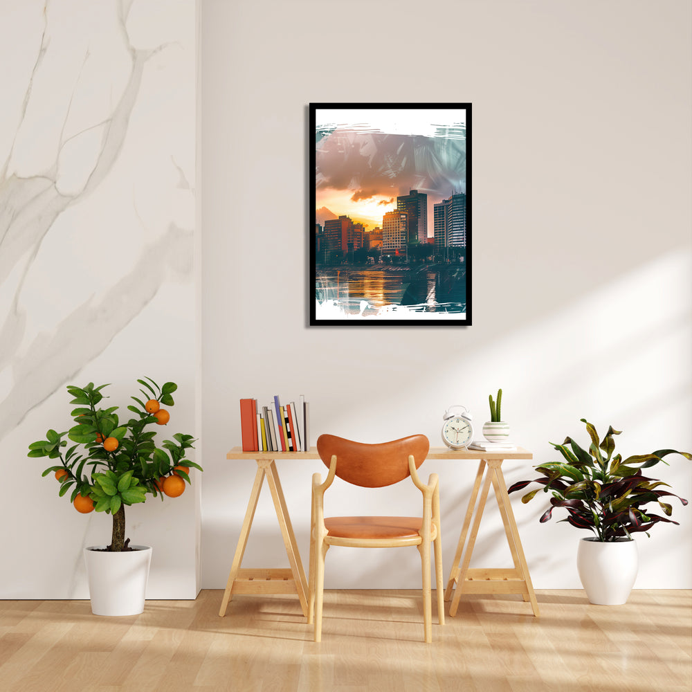 Sunset Waterfront Skyline ??? Modern Cityscape Wall Art - Pillow Fights