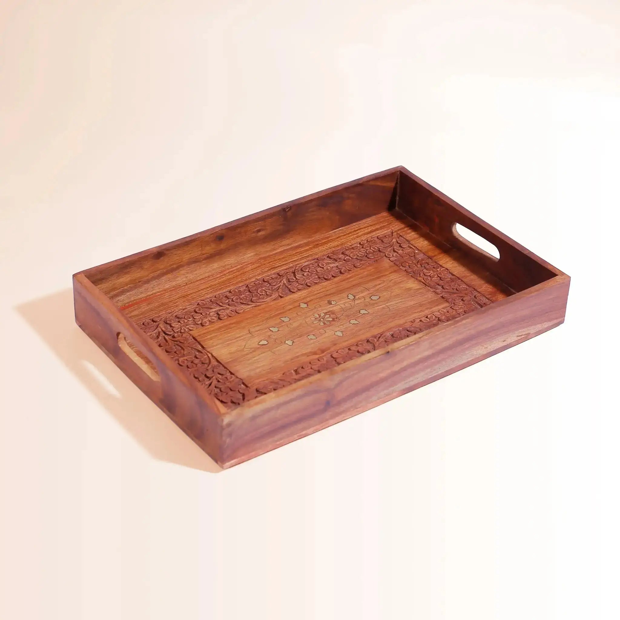 Hand-Carved Sheesham Wooden Serving Tray with Inlay Work