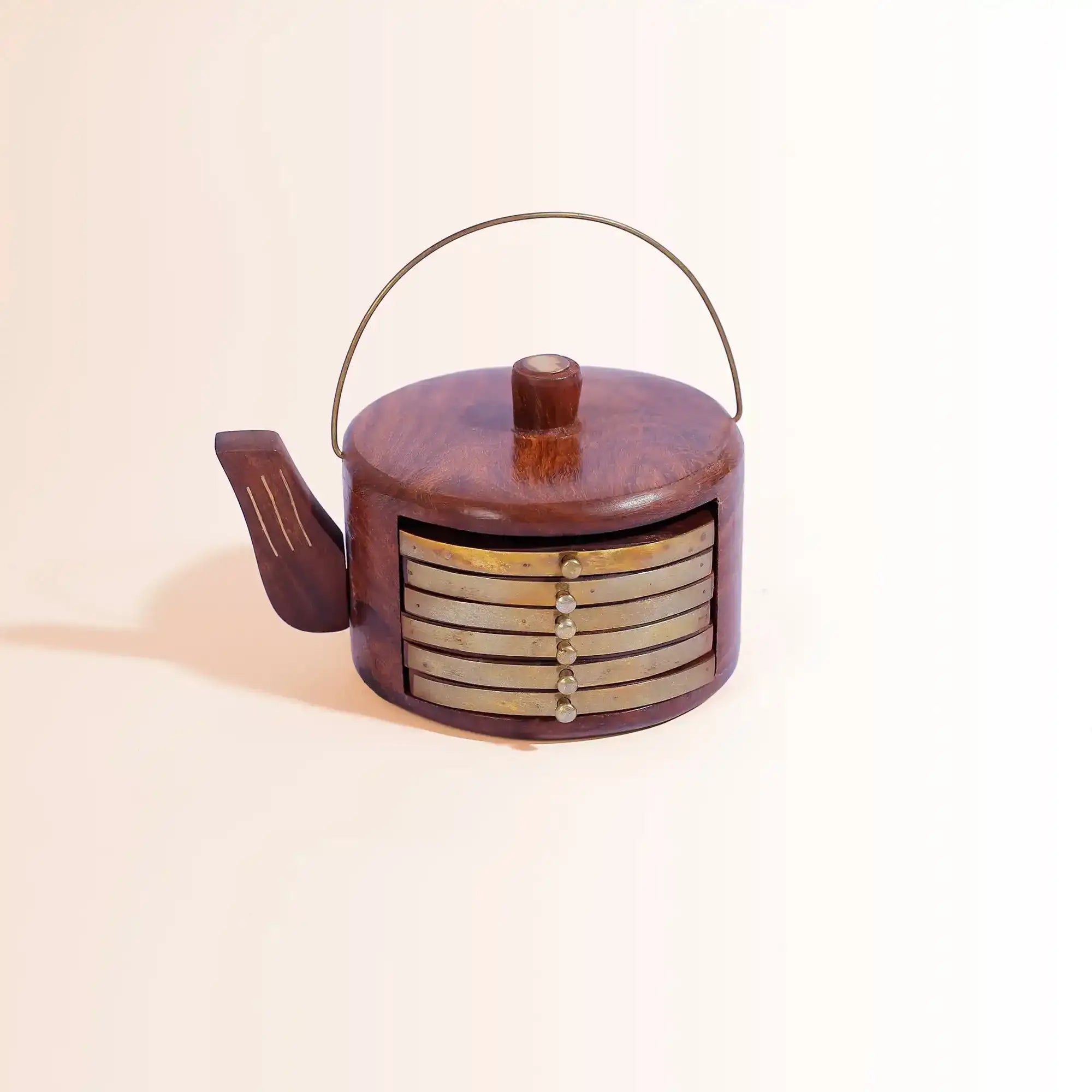 Handcrafted Sheesham Wood Teapot Coaster Set (Set of 6) | With Brass Accents