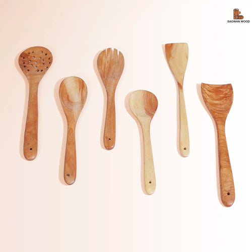 Premium 6-Piece Sagwan (Teak) Wood Kitchen Utensil Set | For Cooking & Serving - Pillow Fights