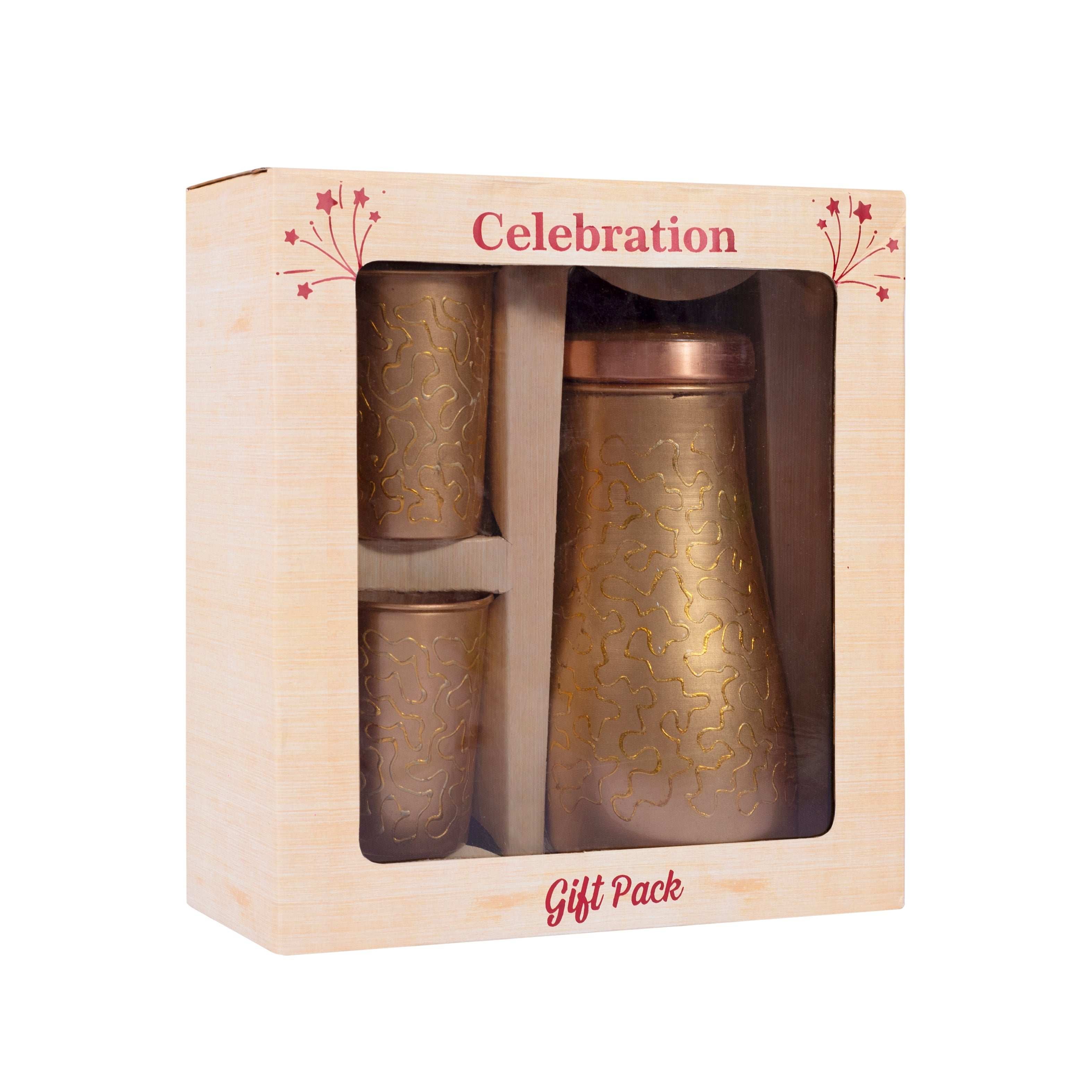 Modern 'Meena' Art Copper Carafe Set with 2 Tumblers | For Ayurvedic Hydration