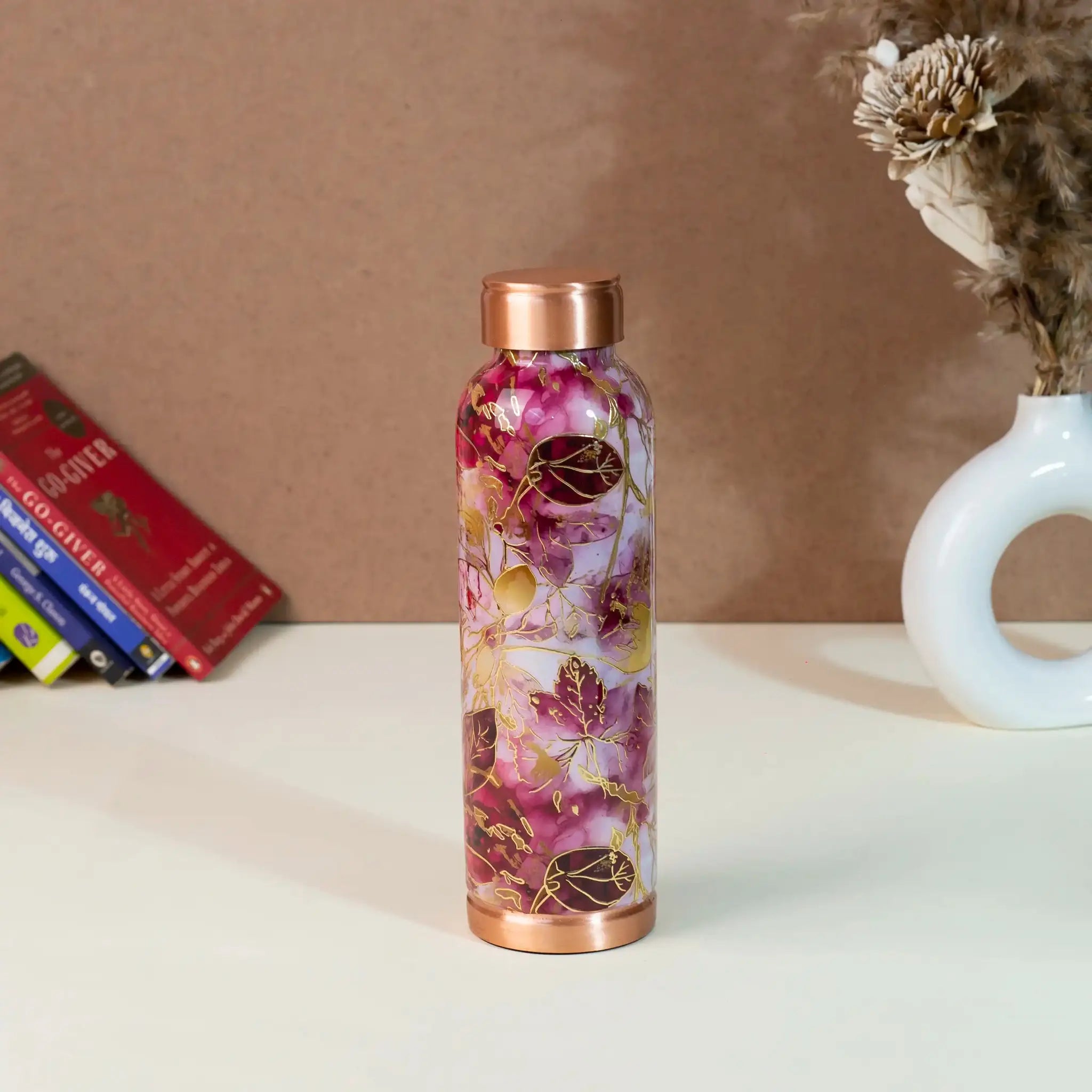 Elegant Maroon & Gold Leaf Print Copper Bottle, 900 ml